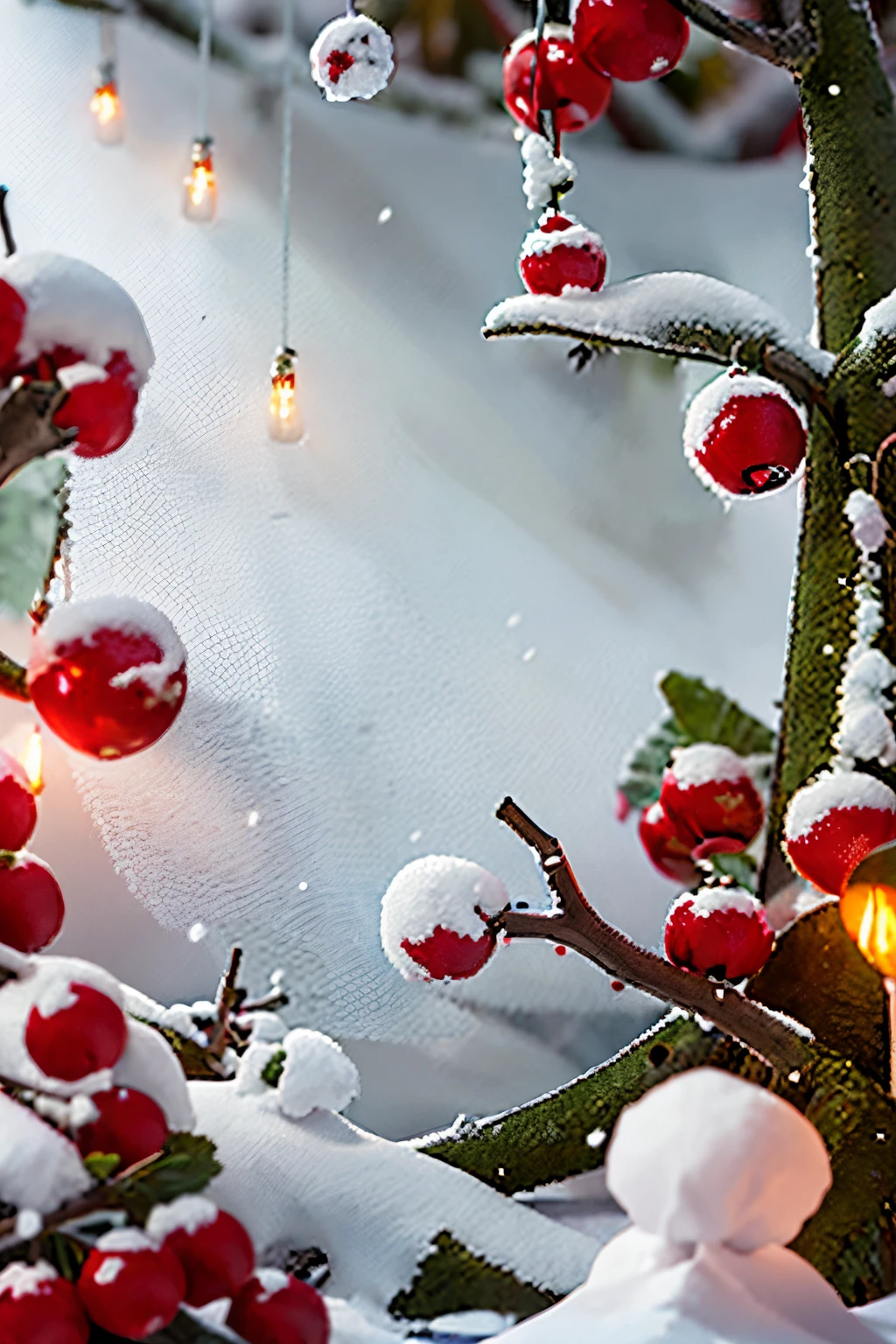 professional photography for social networks, at the top there is a fir branch with decorations, snow and garlands, central part and lower white background, feeling of warmth, beauty and comfort.