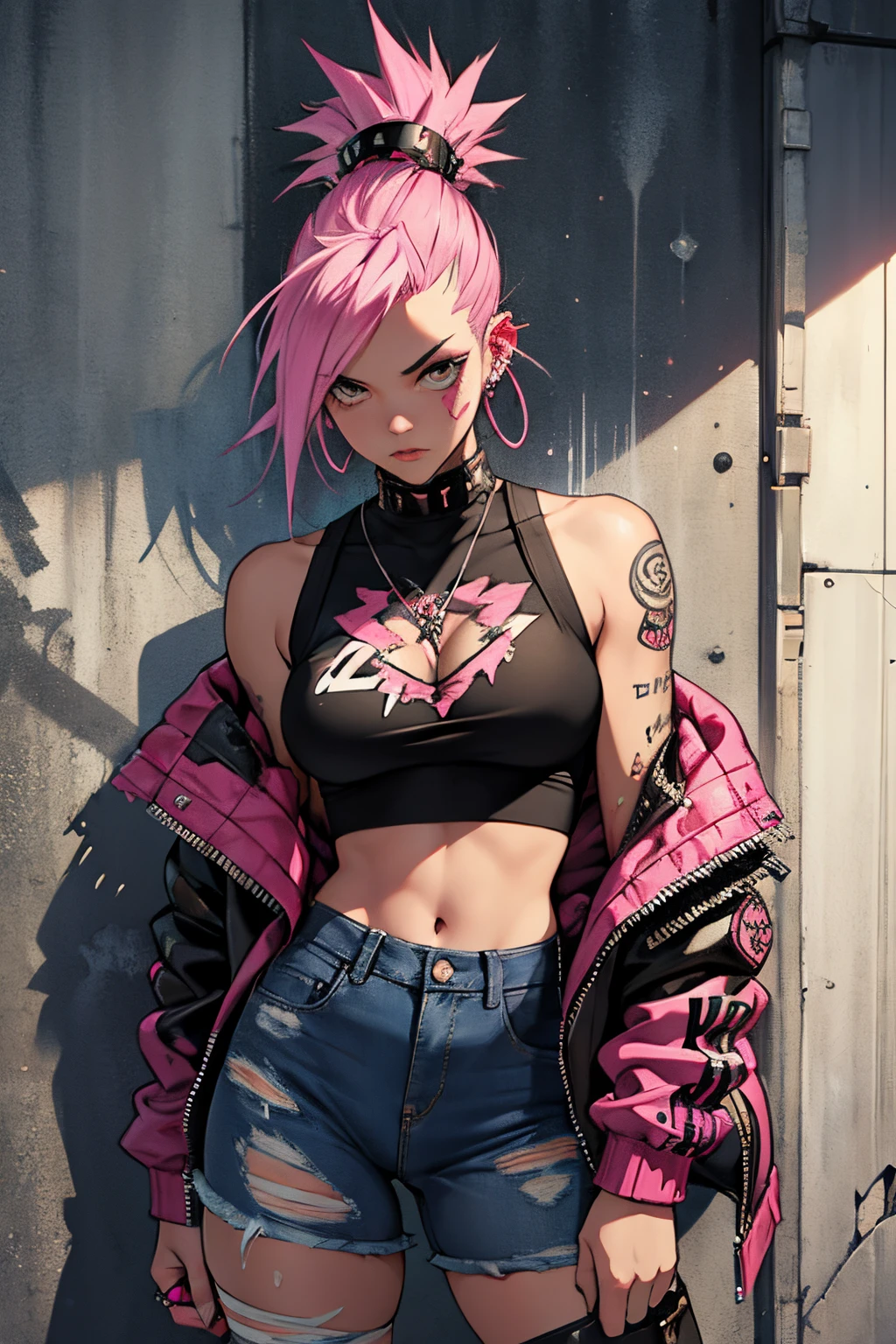 1 girl, slender, pink mohawk, she is Punk Mambo. A mic of London Punk and Voodoo, torn torn jeans, Doc Martens sprayed with voodoo symbols. nice tigths