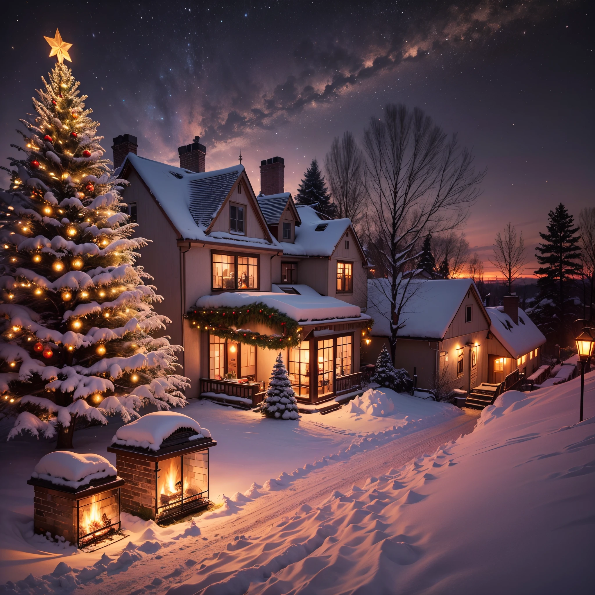christmas atmosphere at night, cinematic scene, fireplace, tree, big window, falling snox, --auto --s2