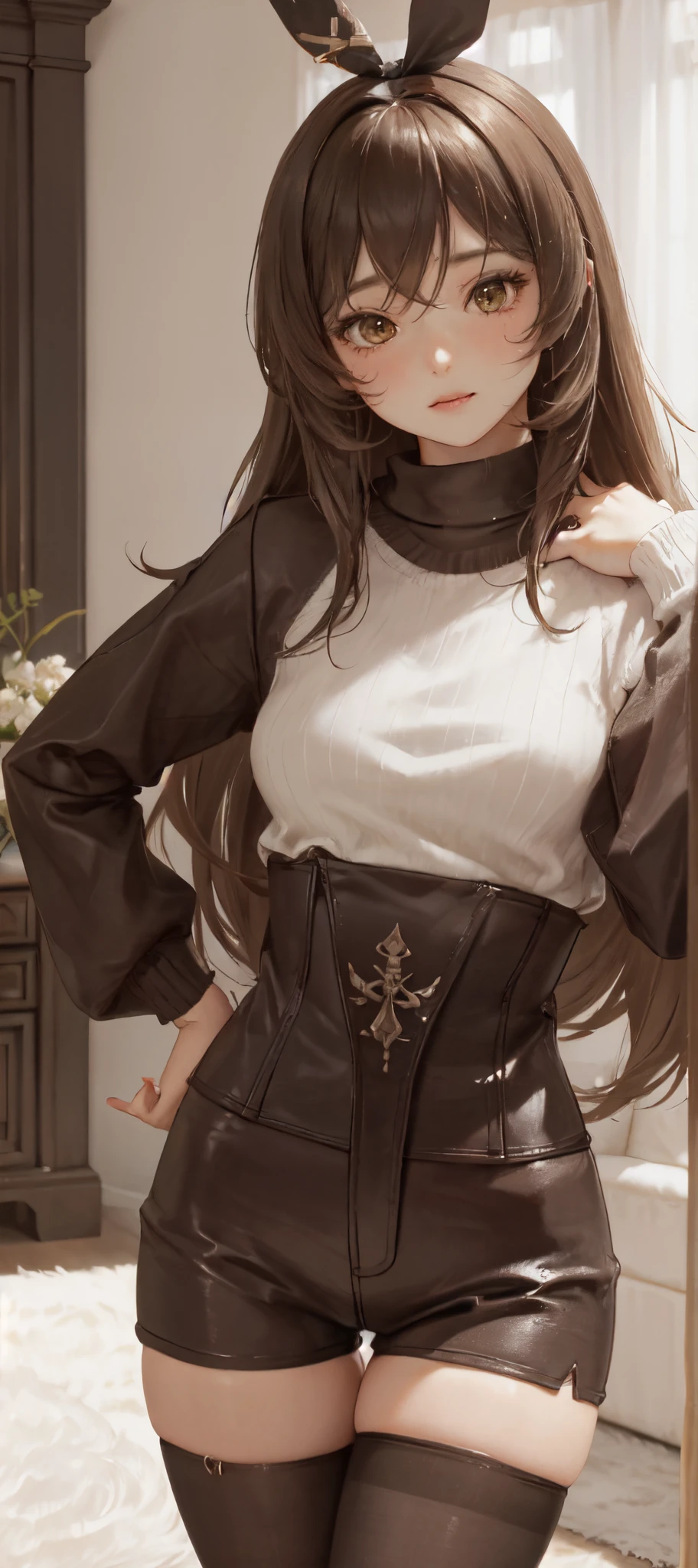 1lady standing, /(oversized sweater/) v-neck, mature female, /(brown hair/) bangs, blush, (masterpiece best quality:1.2) delicate illustration ultra-detailed, pantyhose BREAK /(modern house living room/) indoors, (((sexy pose))), (((petite))), (((thigh gap)))