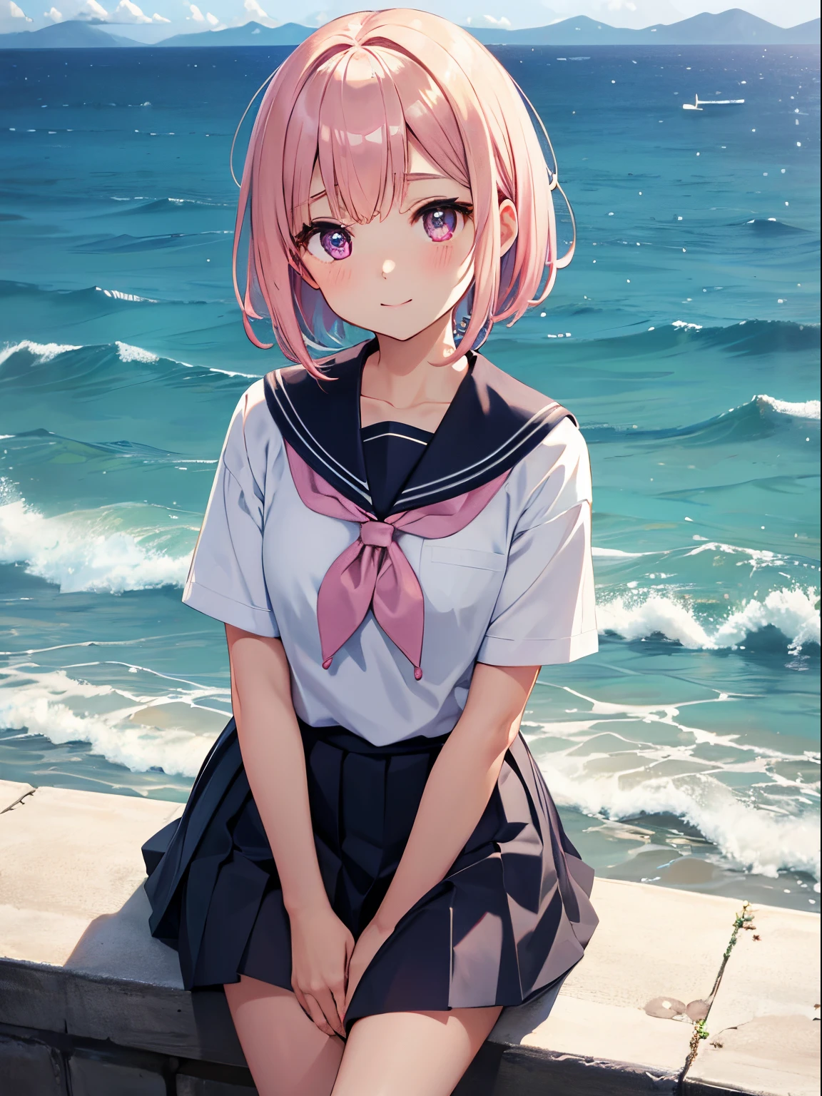 animesque、Along the coast、sea breeze、Wearing a pleated skirt, Pink gold eyes、 Pink Short Bob、Bangs at the top of the eyebrows、short bangs、masuter piece、best qualtiy，cinmatic lighting，细致背景，beatiful detailed eyes，Bright pupils，（Very fine and beautiful），（Beautiful and detailed eyes description），ultra - detailed，tmasterpiece，）），facing at camera，hight resolution，ultra - detailed），flushed complexion，Bocchi，elementary student（Wearing：Sailor Uniform，Black socks，）High quality upper body photo、A slight smil, Vibrant colors、The upper part of the body, Delicate drawing、