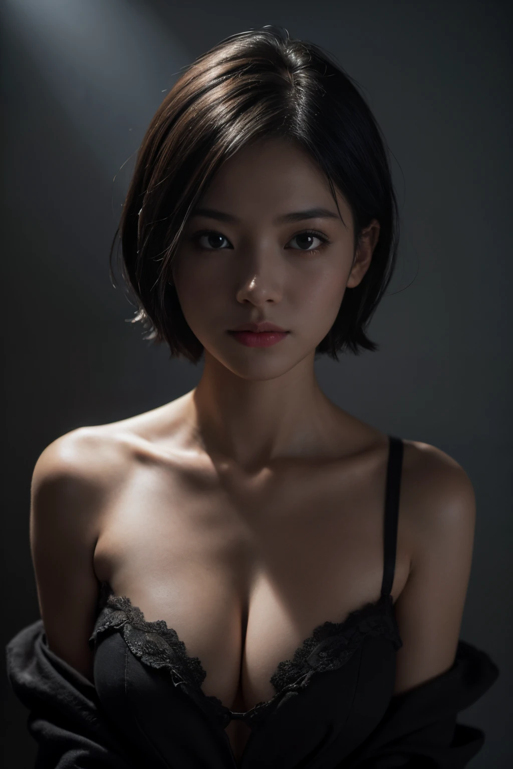 Best Quality, masutepiece, 超A high resolution, (Photorealistic:1.5), Raw photo, 1girl in, off shoulders, In the Dark, deepshadow, lowkey, cold light, Sexy look, Short hair,