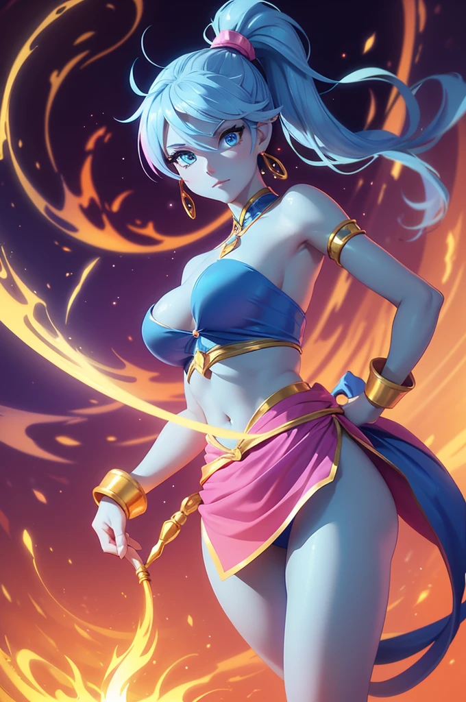 Genie woman, Glowing blue eyes, Blue skin, Long pink ponytail hair, Golden bracelets, wisp tail, graceful sway of her mist-like tail, No legs, coming out of a magic lamp.