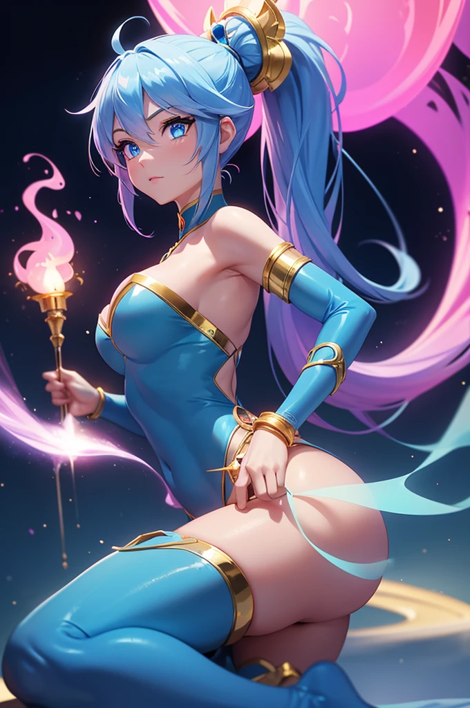Genie woman, Glowing blue eyes, Blue skin, Long pink ponytail hair, Golden bracelets, wisp tail, graceful sway of her mist-like tail, No legs, coming out of a magic lamp.
