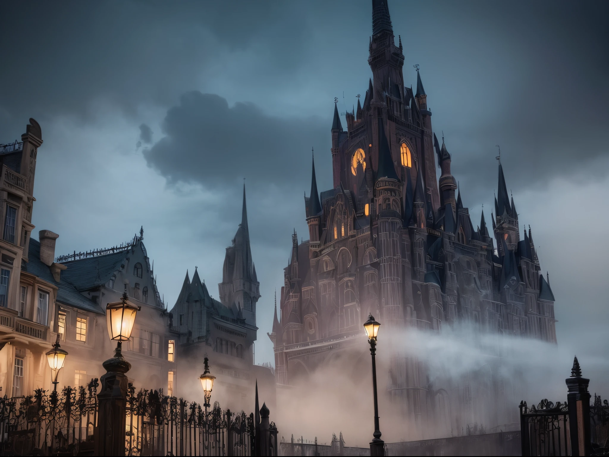 Infuse the cityscape with a spooky atmosphere, featuring haunted buildings, eerie fog, and ghostly apparitions. Channel the style of Tim Burton to create a Halloween-themed masterpiece.