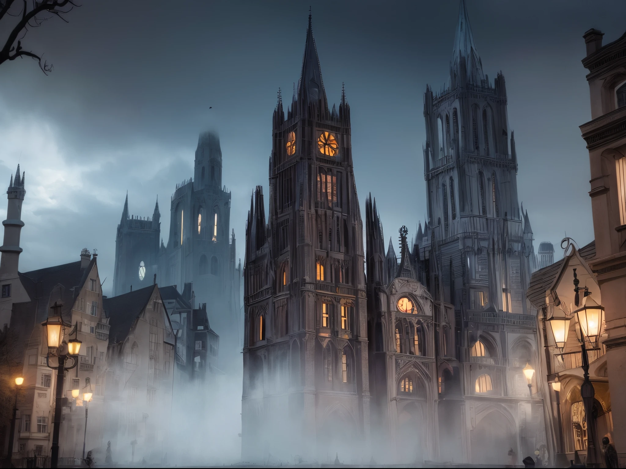 Infuse the cityscape with a spooky atmosphere, featuring haunted buildings, eerie fog, and ghostly apparitions. Channel the style of Tim Burton to create a Halloween-themed masterpiece.