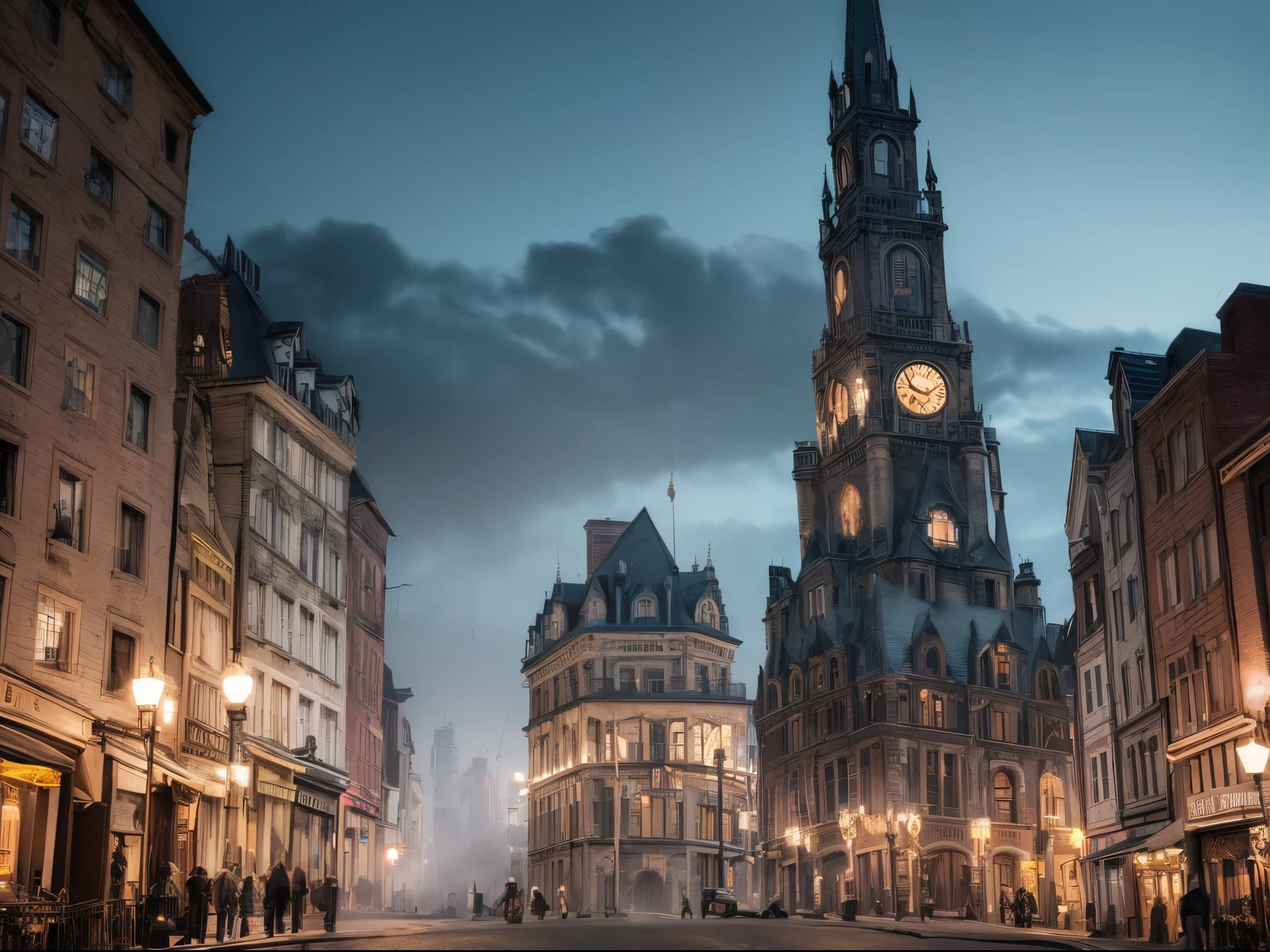 Infuse the cityscape with a spooky atmosphere, featuring haunted buildings, eerie fog, and ghostly apparitions. Channel the style of Tim Burton to create a Halloween-themed masterpiece.