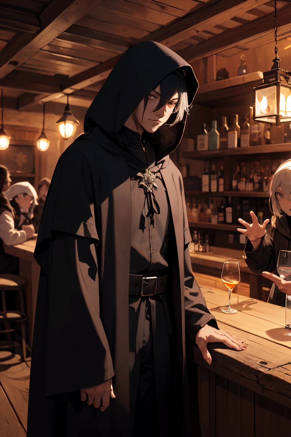 man mysterious elf assassin arcane trickster rogue dark robe hooded black short hair with a dagger chatting with friend at a medieval bar
