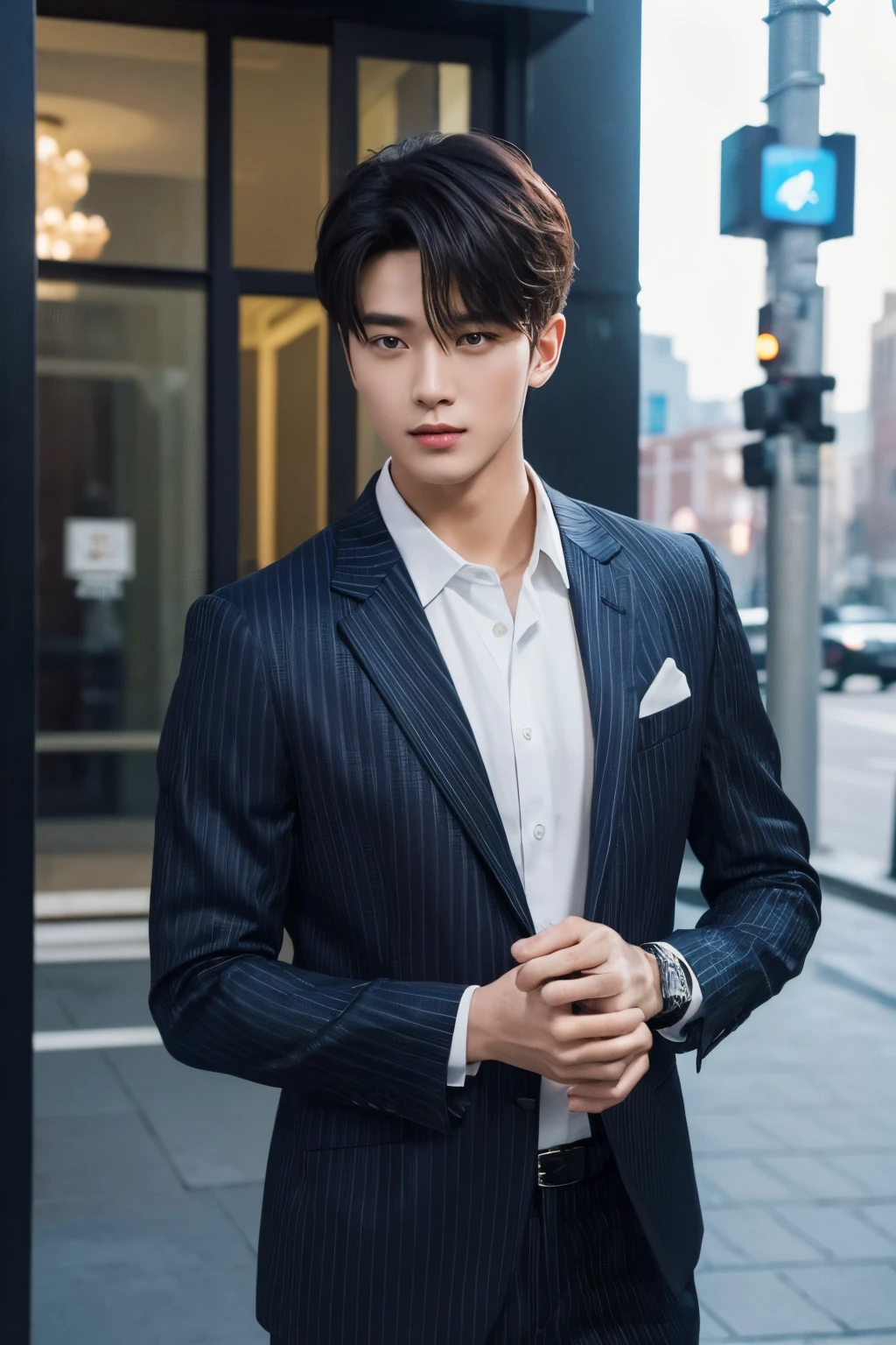 Fresh and handsome 20-year-old new employee、Chinese 20-year-old boy、merchant、ultra luxury suit、striped suit、streetview　Stand up in a suitＳYoung and handsome man、　fully body photo、　（CG Unity 8K high-detail photos）、photoreali）、（（top-quality））、ultra - detailed、　（masterpiece）、　super high image quality、　tall、　peeping at the viewer、　Pan、　Very beautiful hair、　short detailed hair、　Bright photo、　As handsome as a model、　As handsome as an idol、　luxury watches、