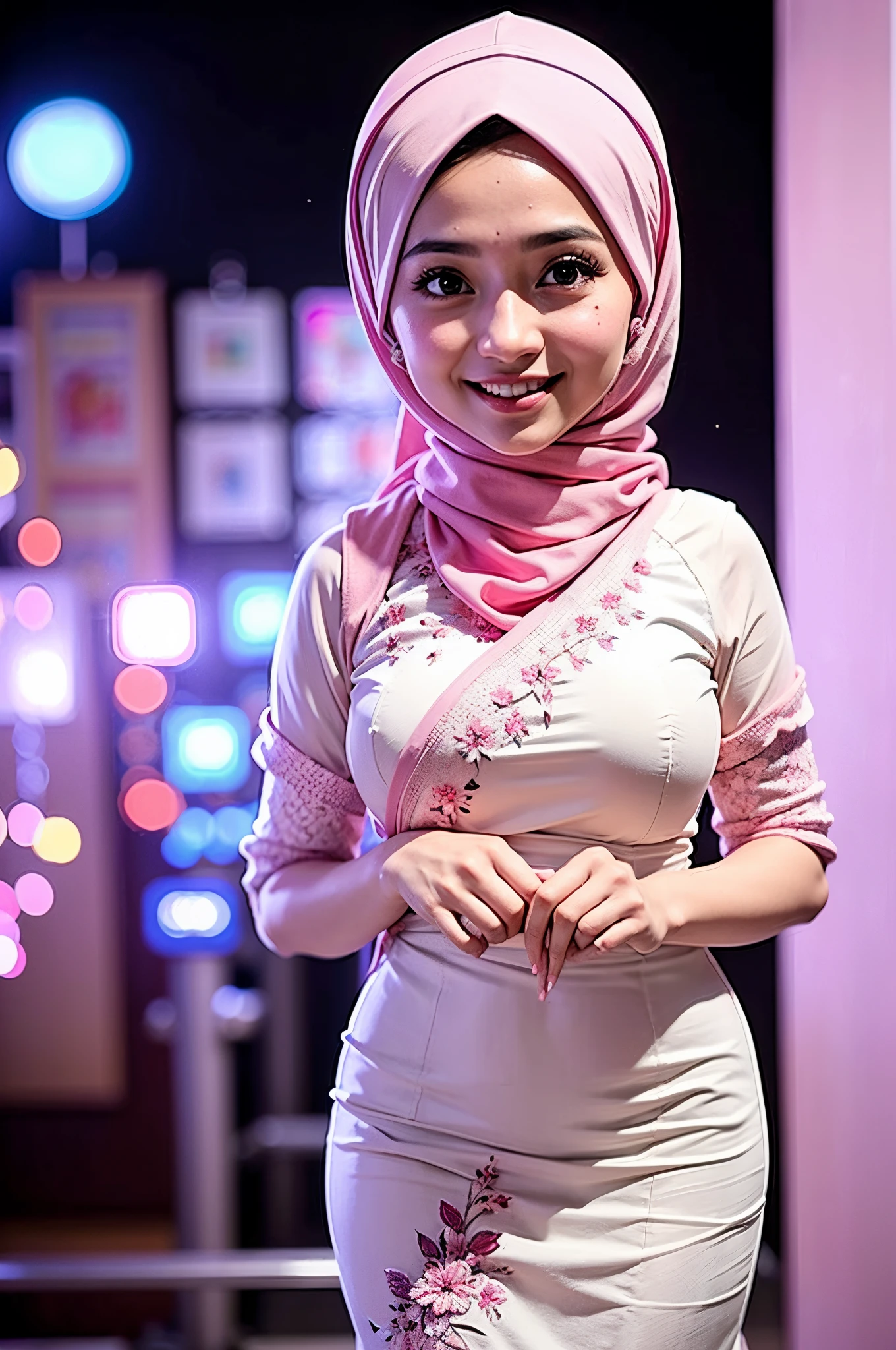 1 malay girl , beautiful face, inside, small breast, fair white skin, plain cotton hijab, happy, big smil , full body shot, wearing red kebaya, glances eyes , pink glowing particles, pink light bokeh background, proportional body,