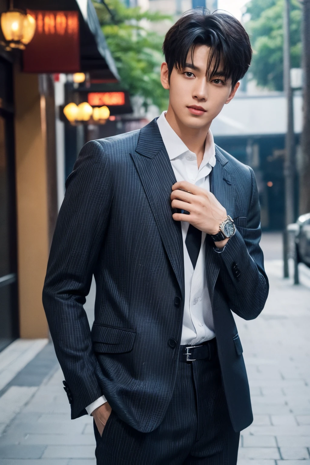 26-year-old refreshing and handsome new employee、Chinese 20-year-old boy、merchant、ultra luxury suit、striped suit、streetview　Stand up in a suitＳYoung and handsome man、　fully body photo、　（CG Unity 8K high-detail photos）、photoreali）、（（top-quality））、ultra - detailed、　（masterpiece）、　super high image quality、　tall、　peeping at the viewer、　Pan、　Very beautiful hair、　short detailed hair、　Bright photo、　As handsome as a model、　As handsome as an idol、　luxury watches、
