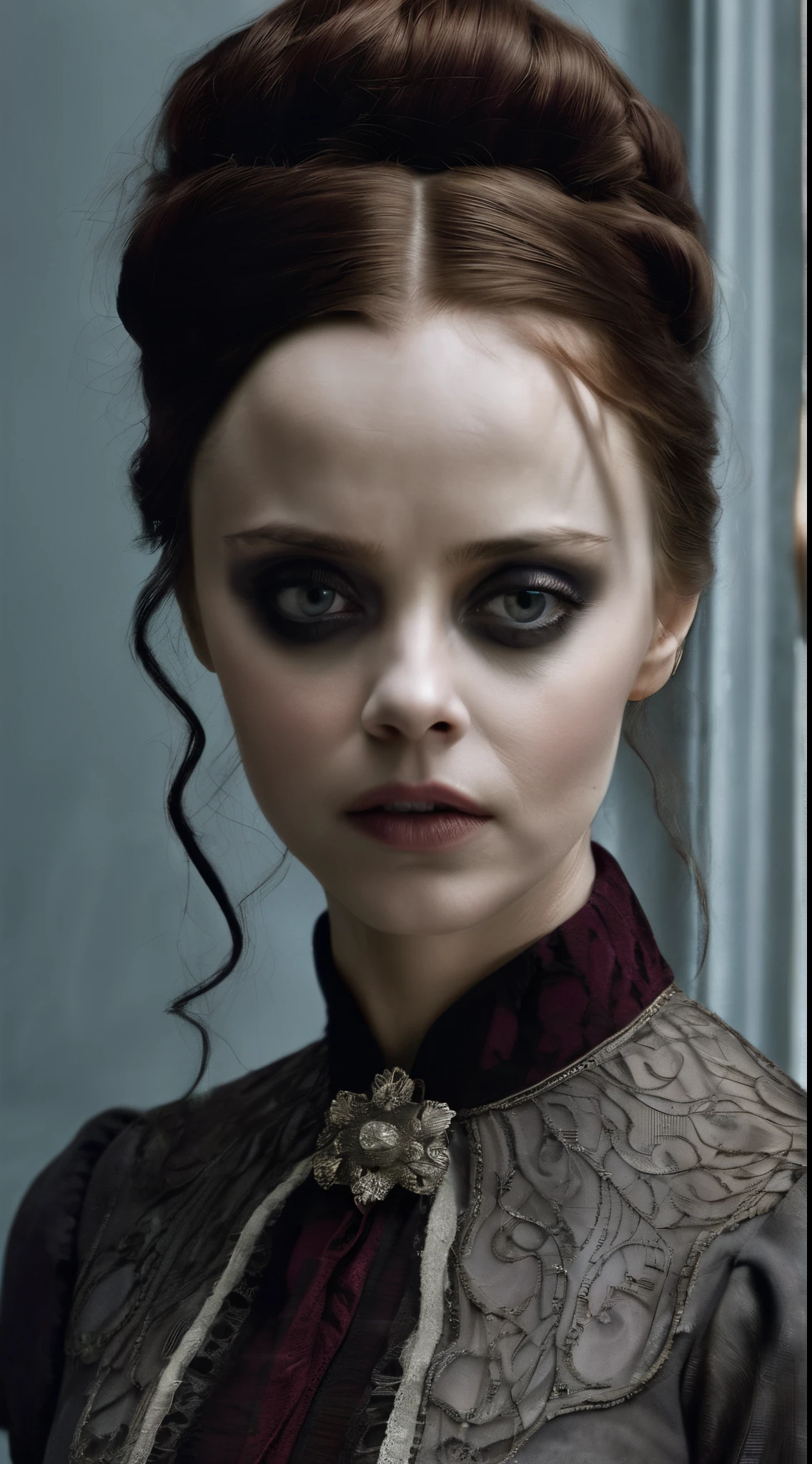 {{A hauntingly beautiful portrayal of the enigmatic Christina Ricci as Katrina Van Tassel}} con {((Photorealistic rendering and captivating expression in your character's outfit.))}. Esta es una imagen inspirada en el surrealismo que muestra {((Detalles intrincados de los rasgos faciales de Christina Ricci y el disfraz de Katrina Van Tassel.))}. El medio ambiente/Los antecedentes deben ser {((un brumoso, Cementerio iluminado por la luna))} Para crear un {((Mysterious and mysterious atmosphere))}. La imagen debe tener el estilo de un {((Photorealistic digital illustration))}, incorporando elementos de {((Tim Burton's gothic film style and Katrina Van Tassel's character design))}. El primer plano, capturado con un {((Lente macro))}, Provide {((An intimate and detailed look at Christina Ricci's haunting performance))}. The lighting should be {((subtly dramatic with soft shadows))}, Destacando {((the ethereal beauty and mystery of Christina Ricci's expression))}. El nivel de detalle deseado es {((excepcionalmente alto))} con un {((600 ppp))} resolution, Destacando {((Los fascinantes rasgos de Christina Ricci y los intrincados detalles del atuendo de Katrina Van Tassel))}. El objetivo es crear un {((Cautivador e inquietante))} Imagen que cautiva a los espectadores con su {((encanto misterioso y belleza fotorrealista))}.