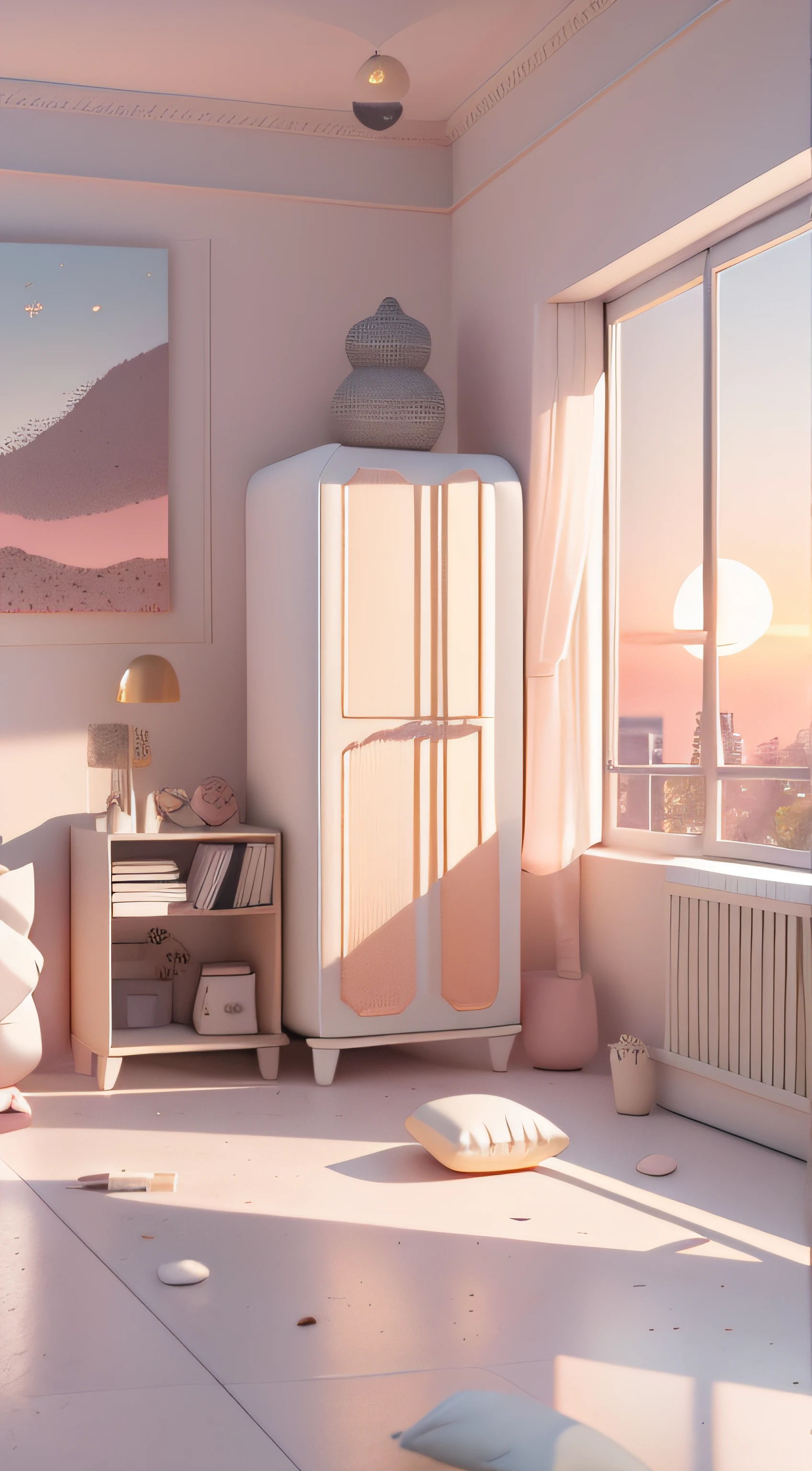 liveroom,sofe,hugging pillow,uniformity,Decorative style,Terrazzo,the setting sun,scenecy,inside a room,4K,tmasterpiece,A high resolution,extremly intricate)(realistically:1.4),3D clay rendering,white backgrounid,c4d