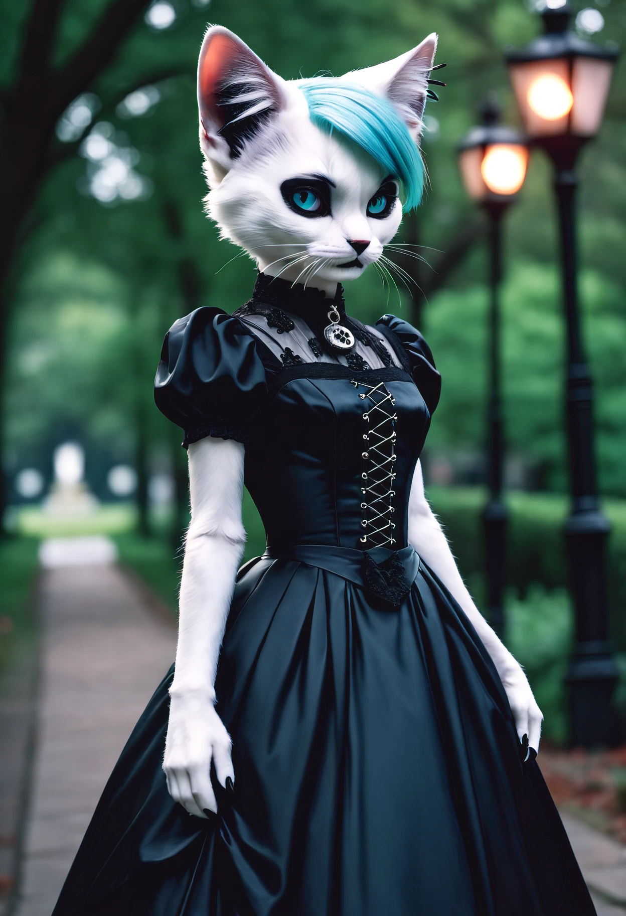 realistic sharp professional breathtaking photograph of a goth anthro cat in an elaborate black victorian dress, upper body, white fur, furry, cyan, aqua, vignette, highly detailed, high budget, bokeh cinemascope, moody, epic gorgeous, 35mm film, HDR, photorealistic, realism, 8k, RAW, black lipstick, hands behind back, short hair, black claws, black nailpolish