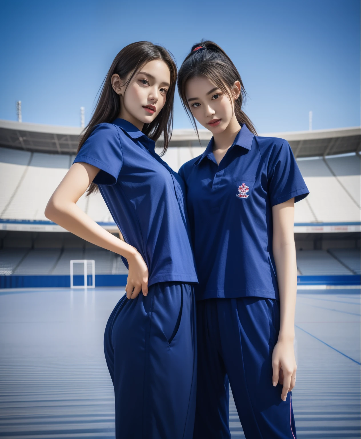 (bestquality,10,10,highres,masterpiece:1.2),ultra-detail,(Realistic,photorealistic portrait,photo-realistic:1.37),1 Cute girl in the football field,oily shiny skin,bara,light smile,BDclothes,((blue shirt:1.3)),short sleeves,shirt, trousers.,(navy_long_Pants Track:1.1), ((Stadium Background:1.3)),dynamic angle,excited,face focus,Dynamic Poses,from behide,Ass Focus,masterpiece, bestquality, ultra realistic, hyper-detail, 8k resolution, RAW photo, crisp focus, ((Navy blue shirt:1.1)), short sleeves, Long Path, Perfect body, 2 mature women, 18yo, cinematic light,Blue sweatpants,Gymware,Correct anatomy,Complete body, Correct body, sharp face, Anatomically correct body, full entire body, Realistic gestures, long-haired, Realistic poses,Wear long shorts................................,Long leg span,Shapely,Sculpting Girl, Slender Figure, mannequin mannequins, Shapely, Beautiful body,Blue sweatpants, Two girls kissing