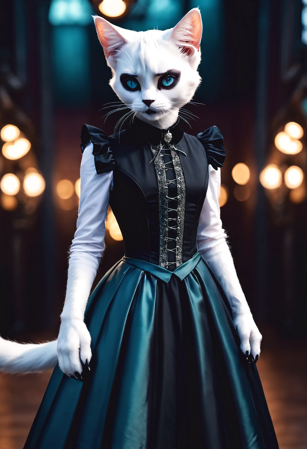 realistic sharp professional breathtaking photograph of a goth anthro cat in an elaborate black victorian dress, upper body, white fur, furry, cyan, aqua, vignette, highly detailed, high budget, bokeh cinemascope, moody, epic gorgeous, 35mm film, HDR, photorealistic, realism, 8k, RAW, black lipstick, hands behind back, short hair, black claws, black nailpolish