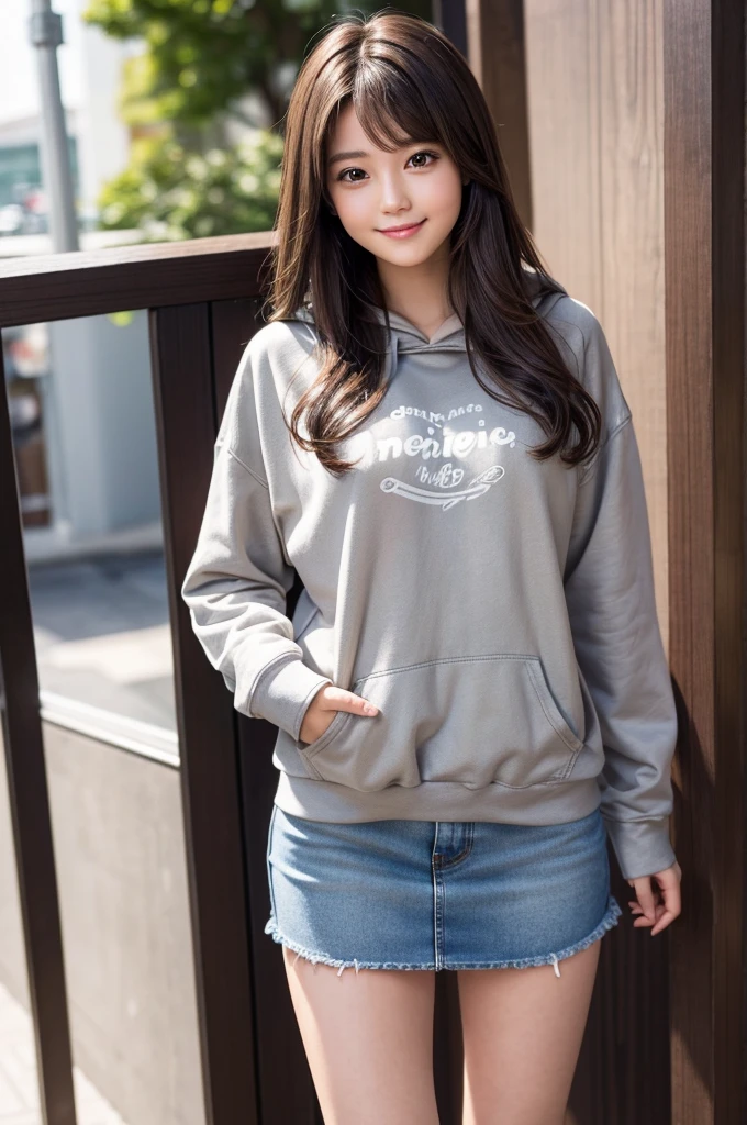 The cutest girl who works as a gravure idol、with shiny brown hair、wearing men&#39;large light gray sweatshirt hoodie、The denim miniskirt and black tights are seductive.。She's full of confidence々Smiled at.、Facing the camera in a professional pose。her fashion and expressions