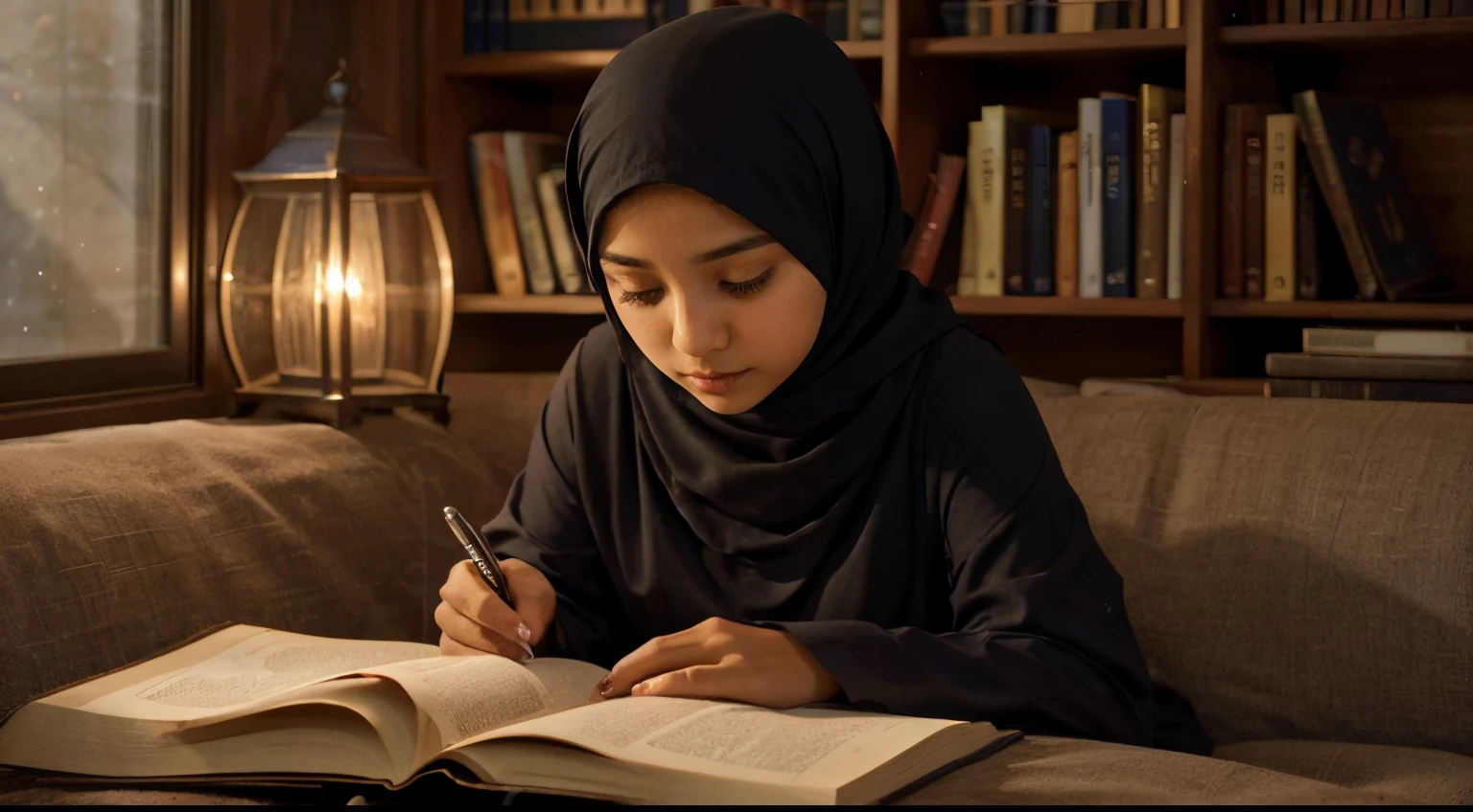Describe a serene and tranquil night scene where a young hijabi girl is engrossed in reading a book. With a pen in her hand, she is deeply immersed in her studies, surrounded by an atmosphere of coolness and calmness. Capture the essence of this quiet moment and convey the peaceful ambiance in your description