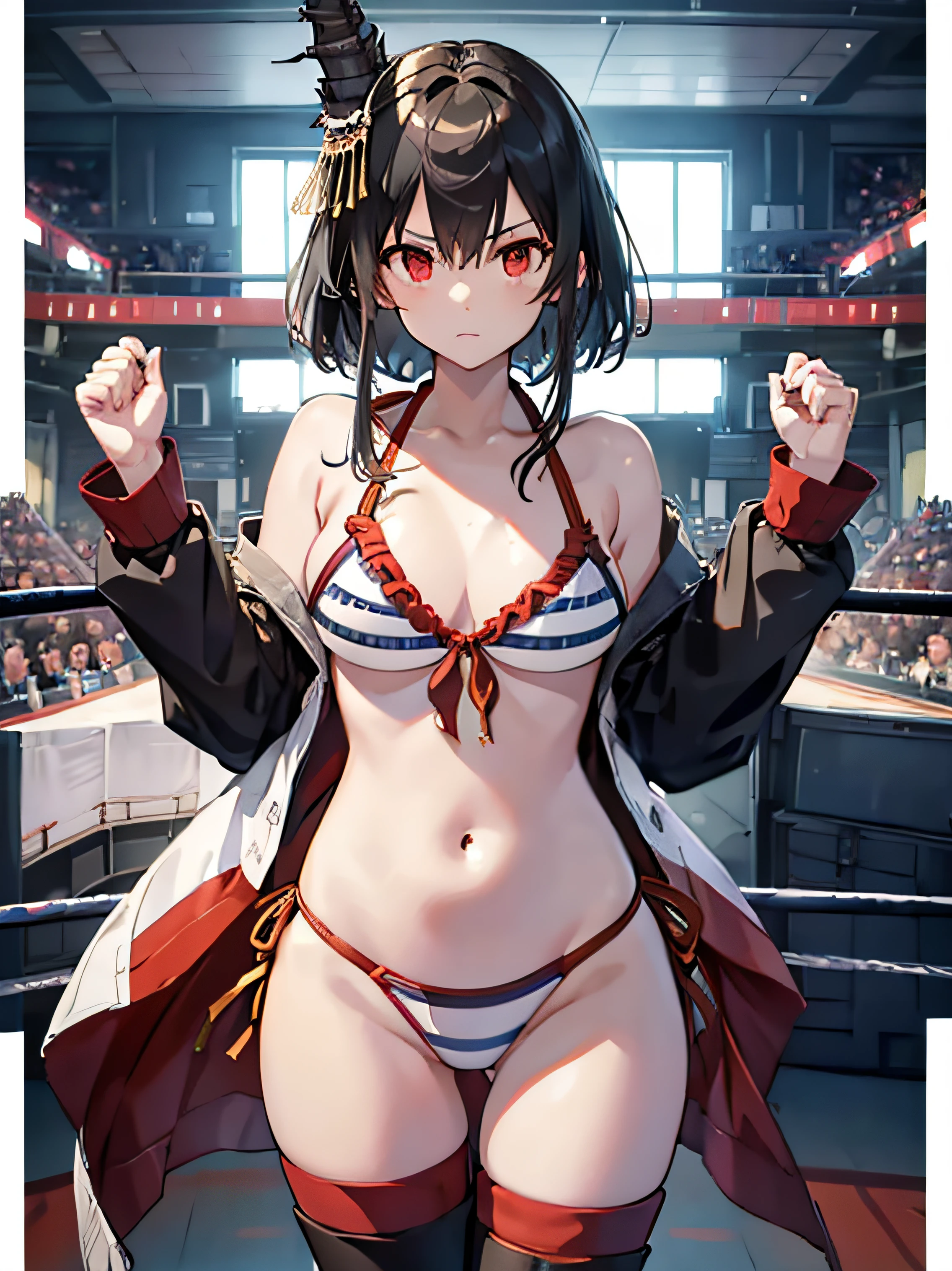 Top image quality、Highest Quality、Yamashiro Bikini KC、is standing、The background is professional wrestling、in a house、spectator seats、Bullish appearance、thigh-high socks、long boots