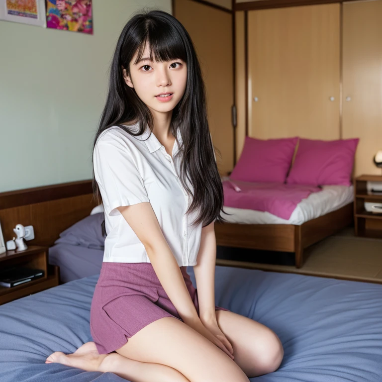 An ultra-high picture quality、Perfect Photo、Japan beautiful girl、17 age、female high-school student、Slender body、Black hair Long hair、With bangs、Cute room、Own room、Raised mini skirt、(Surprised expression)、(hate)、(hatred)、Sit on the bed、Adored expression、(It hurts a lot)、ankle、sole、white sock、drawing knee up、(((White panties are slightly visible)))、Frontal gaze、Do-up、(((The crotch is slightly visible))、close-up shooting、open pink blouse、