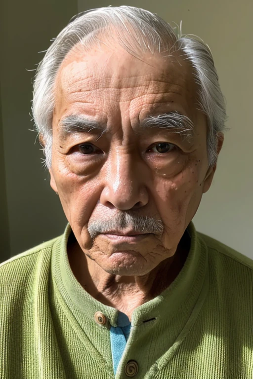 Close-up portrait of a Japanese man in his 70s,nasolabial folds,heavy eyelids,Hair is shaved