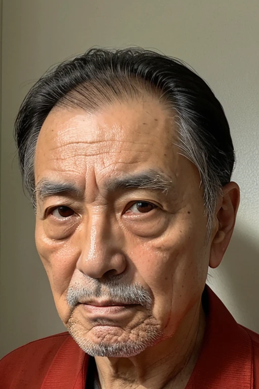 Close-up portrait of a Japanese man in his 70s,nasolabial folds,heavy eyelids,Hair is shaved