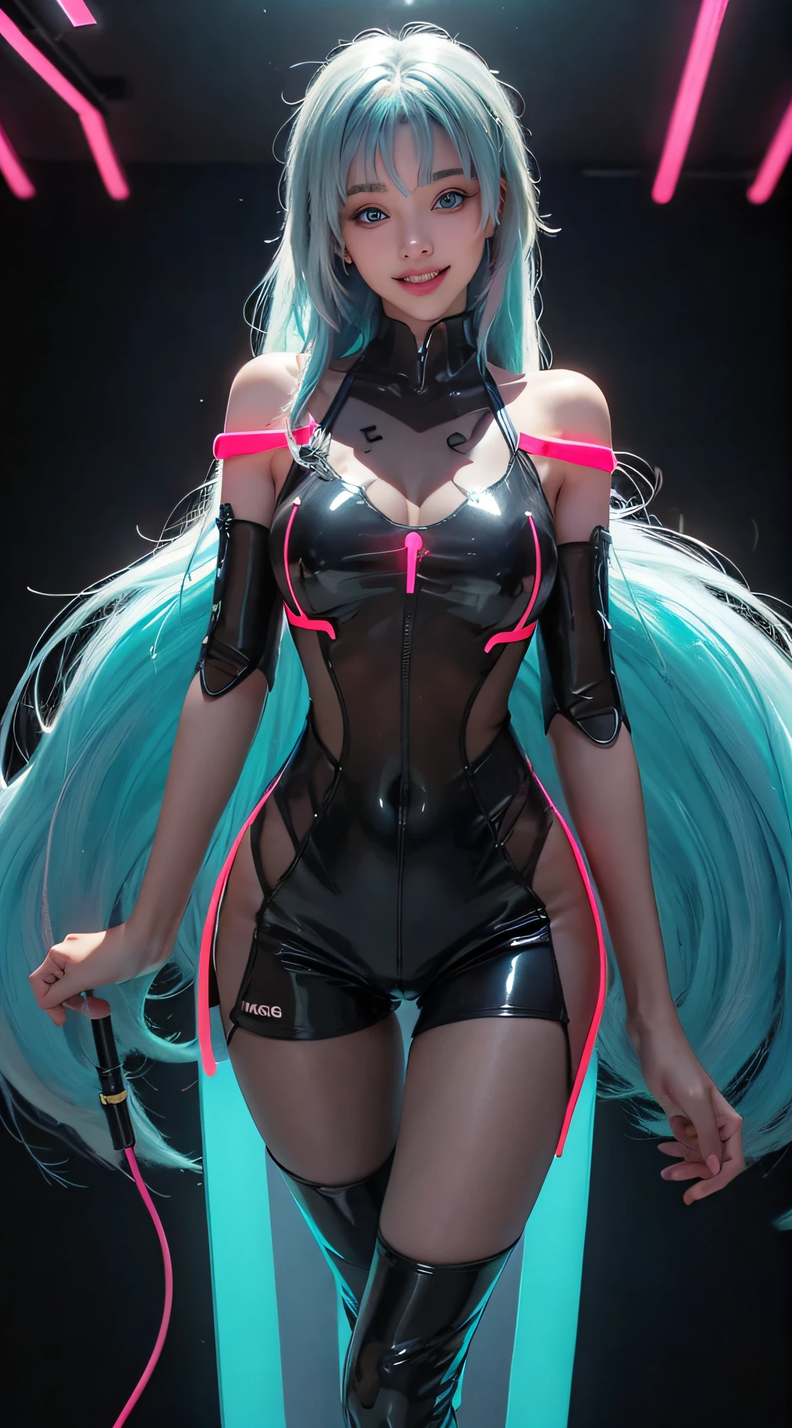{ 1 plump girl, (Vibrant pole dance, spread their legs:1.3), (squeezing breasts), In cyberpunk disco club, ((Cyberpunk themed)), (There is a thick bulge on the body:0), (A lot of:0) }, { (tmasterpiece:1.6), (Best quality at best:1.6), (Live photos:1.8), (8K分辨率:1.6) }, { shallowdepthoffield, (neon god ray:1), (Neon silhouette lighting:1.2), (low pitch:1.6), (Dim background) }, { beautiful 24 years old, ((glow blue eyes)), (face flushed:0), (weeping:0), (Smiling:1.4), ((with her mouth open:1.4),(Stick out her tongue:1.6) :0), (eyes rolled up:1.4), (Skin glows:1.4), (long slim figure:1.3), The large, firm breast, (Neon hair:1.6), (straight long hair:1.3), (Lively nipples:1), (bronze skin) }, { (semi transparent:1.6) tightsuit, (ssee-through:1.6) Lace pantyhose, ((pubes)), Off-the-shoulder style, deep understanding }