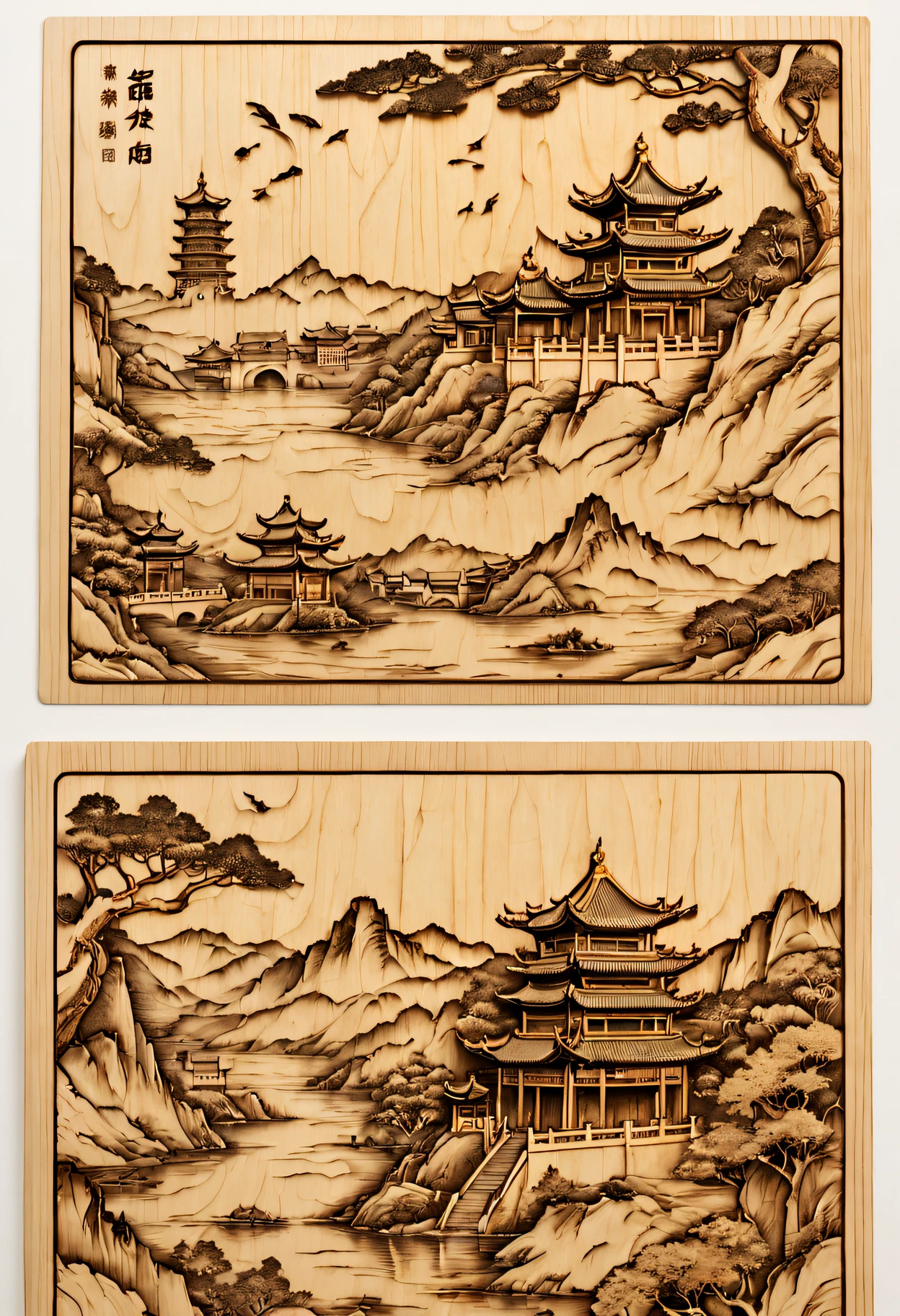 Postcard front and back design, concept design，Close-up of the front and back of a postcard with a picture of a city, laser cut, wooden decoration, High-quality sketches, A piece of wood, Very detailed pictures, rubber stamp, Handmade, whole card, hyper detailed photo, Detailed landscapes, pyrography, super detailed picture, Pleasant,engraved, Highly detailed etching, intricate engraving, In the style of sketchfab, Chinese traditional, precisionist lines, light gold, Holographic printing, Accurate terrain, Full of hidden details, discrete cosine transform