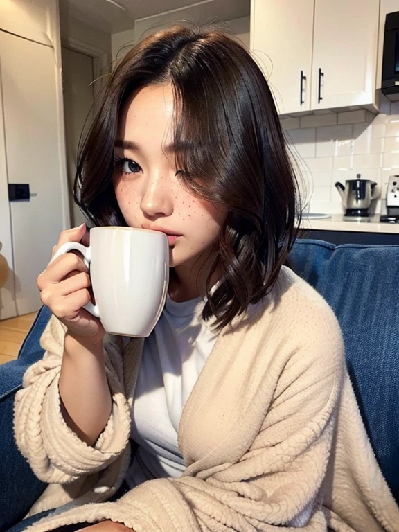Fluffy blanket,Wrap in a blanket、prety woman、((25-years old))、japanese、((hair over one eye)), ((Girl sitting,wariza)),1 girl in、Japanese narrow studio apartment、Hold a ceramic coffee cup with both hands、viewer is looking down、a picture、35mmfilmg、Sleepy face、((short hair))、waved hair、disheveled hair、Fix、Ragged hair、no-makeup、Plump lips、detailed finger、real looking skin、Spoiled face、I have a few freckles、 Detailed legs、A detailed face、A detailed eye、Detailed lips