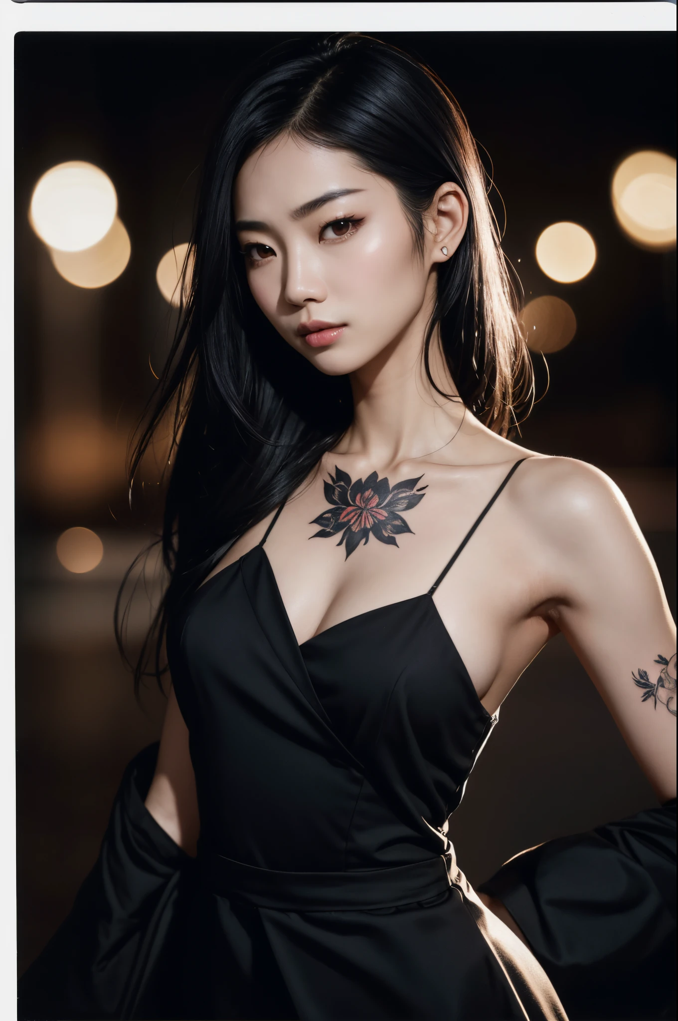 Fit asian woman with black hair wearing classy clothing, distinct facial features, black flower single tattoo on the neck, angelcore, #Vfxfriday, hyperrealistic picture, hyperrealistic skin with pores, polaroid photo, night photo, pale skin, bokeh, motion blur, lustful