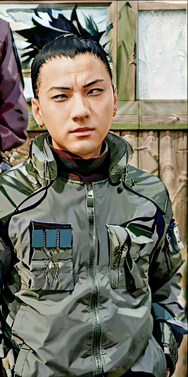 Shikamaru nara from naruto, anime character with black hair and green jacket standing in front of a window, detailed jacket, (((ultra detailed))), (((realistic))), (((best quality))), (((masterpiece))), shikamaru nara, as an anime character, from naruto, inspired by Kamisaka Sekka, cel - shaded art style, akihiko yoshida!,