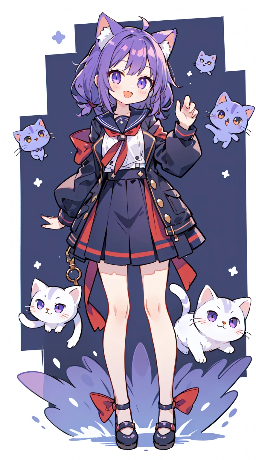 1 girl in、((full body Esbian、Standing picture:1.2)), top-quality、masutepiece、Purple hair, Longhaire, ((Two knots)), Cat's ears、Black sailor suit、Purple Ribbon、A smile、Cat Pose、A smile that opens its mouth a little、white backgrounid