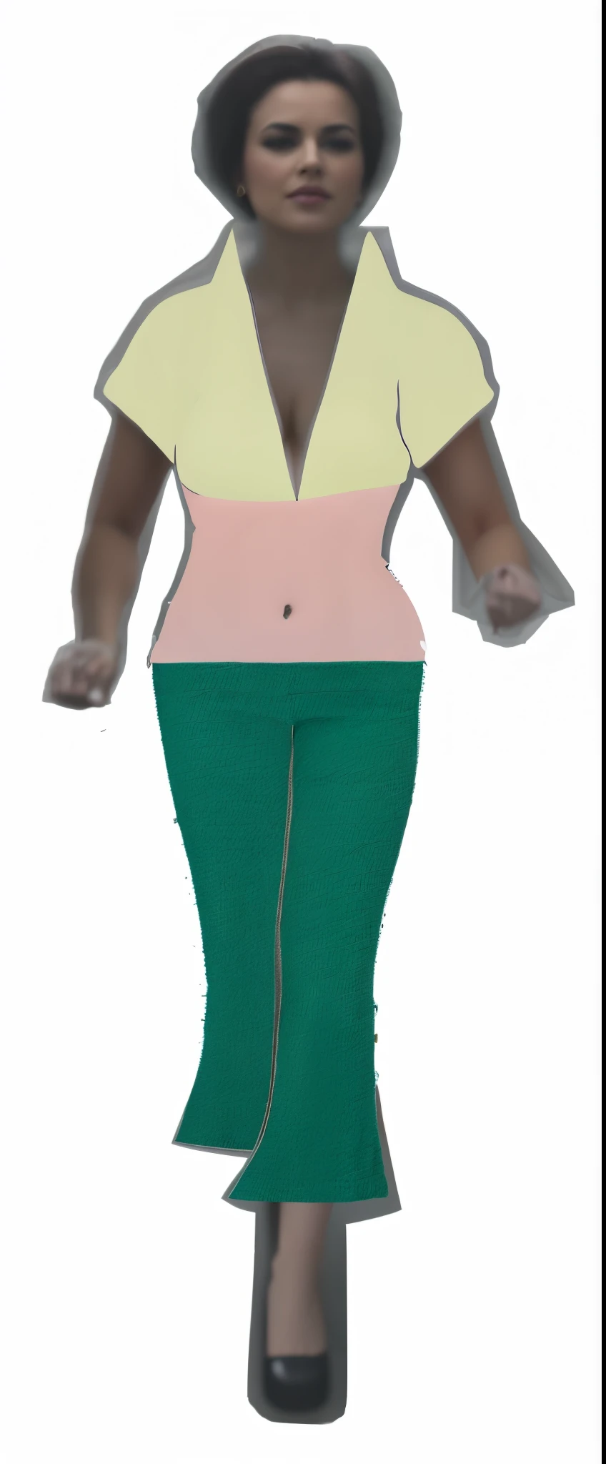 impudent aged mature cheeky intimidating confident master mistress with hands leaning down, brazenly wears a very unbuttoned cream fit stretched overly skimpy midriff-shirt with summer arms-baring short sleeves, her succinct cream midriff-shirt has got summer very short sleeves that bare completely her arms, that braless lady's belly-shirt completely bares her torso from her crotch to her chest, her succinct shirt has got a deep overly unglued V-chest only buttoned at its end, exaggerated overly low waisted sailor cream pants, very short shaved black mature haircut, large deep drop-shaped overly big navel!