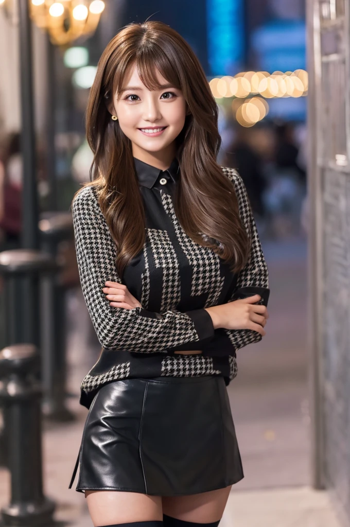 The cutest girl who works as a labia idol、with shiny brown hair、in a black blouse、The houndstooth miniskirt and black tights are enchanting.。She's full of confidence々Smiled at.、Facing the camera in a professional pose。her fashion and expressions