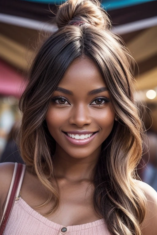 is very beautiful((with brown skin))年轻,((Detail of big brown eyes))Long eyelashes,((perfect heart shaped face))((Detailed realistic skin with imperfections))detailed skin textures,((Charming girl with dimples)) ,((Warm smile and dimples)),attractive beautiful,Walking in a flea market wearing a cropped and pink crop top((hyper realisitc))((Perfect long boho style))((realistic hair texture))( on Pinterest(girl with dimples))