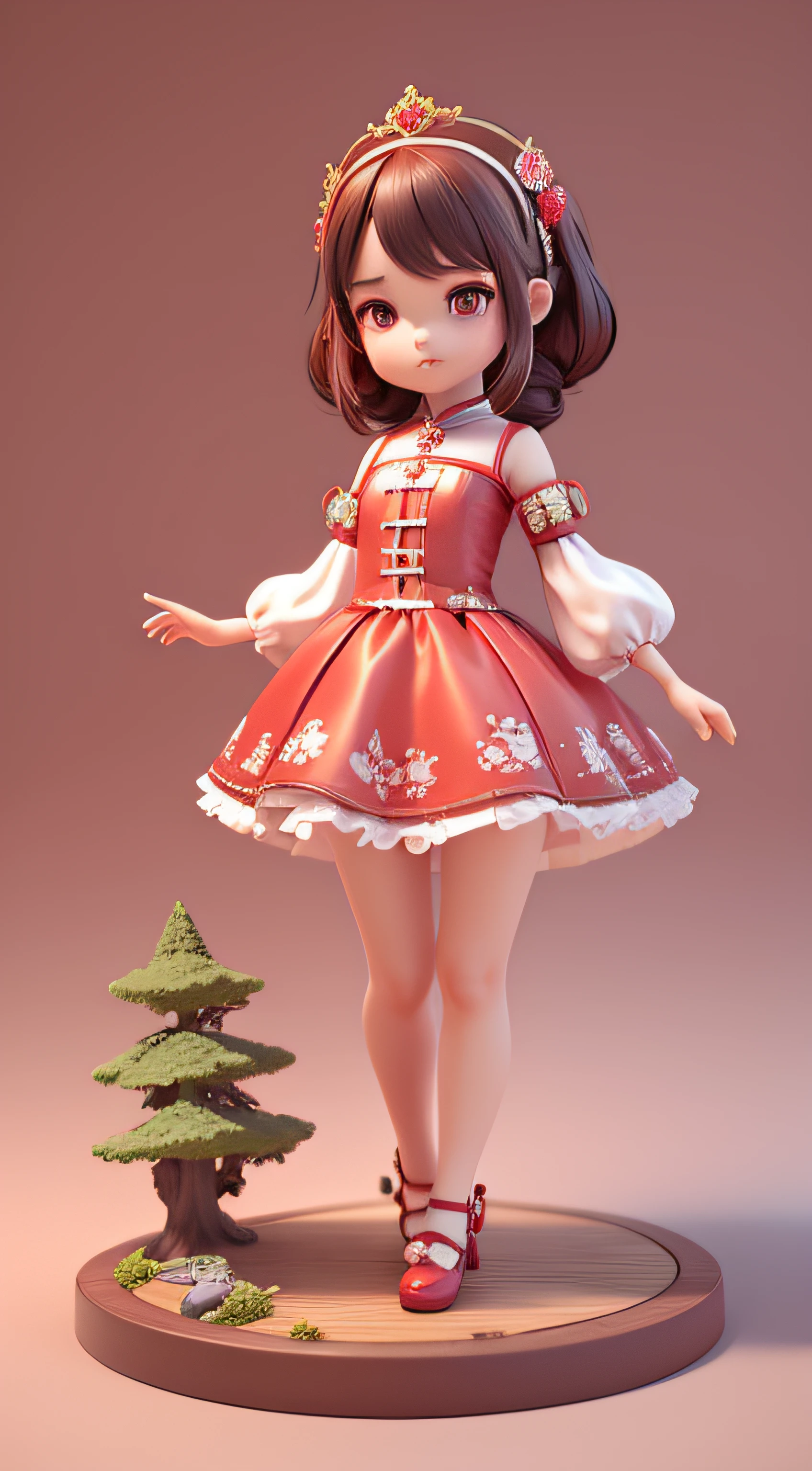 A cute little girl in a red dress,like a princess,extremely cute,Detailed rendering using 3D rendering technology,stylized expression of digital art。Render a cute 3D anime girl,stylized presentation,Adorable ceramic dolls and ultra-detailed fantasy characters appear simultaneously,Presented as a stylized 3D rendering。Cute images of forest creatures and digital art will also appear,The background depicts the atmosphere of April。
