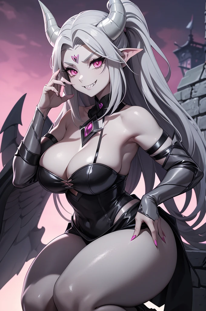 Anime Gargoyle woman. Gray stone skin, Long dark gray hair, pink eyes, long stone gray color claws, Giant stone gray color wings, long stone gray color tail, sharp teeth, lust smile, big gray horns on forehead, Castle background.