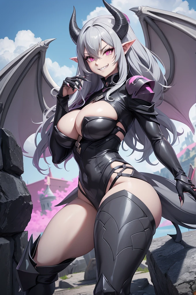 Anime Gargoyle woman. Gray stone skin, Long dark gray hair, pink eyes, long stone gray color claws, Giant stone gray color wings, long stone gray color tail, sharp teeth, lust smile, big gray horns on forehead, Castle background.
