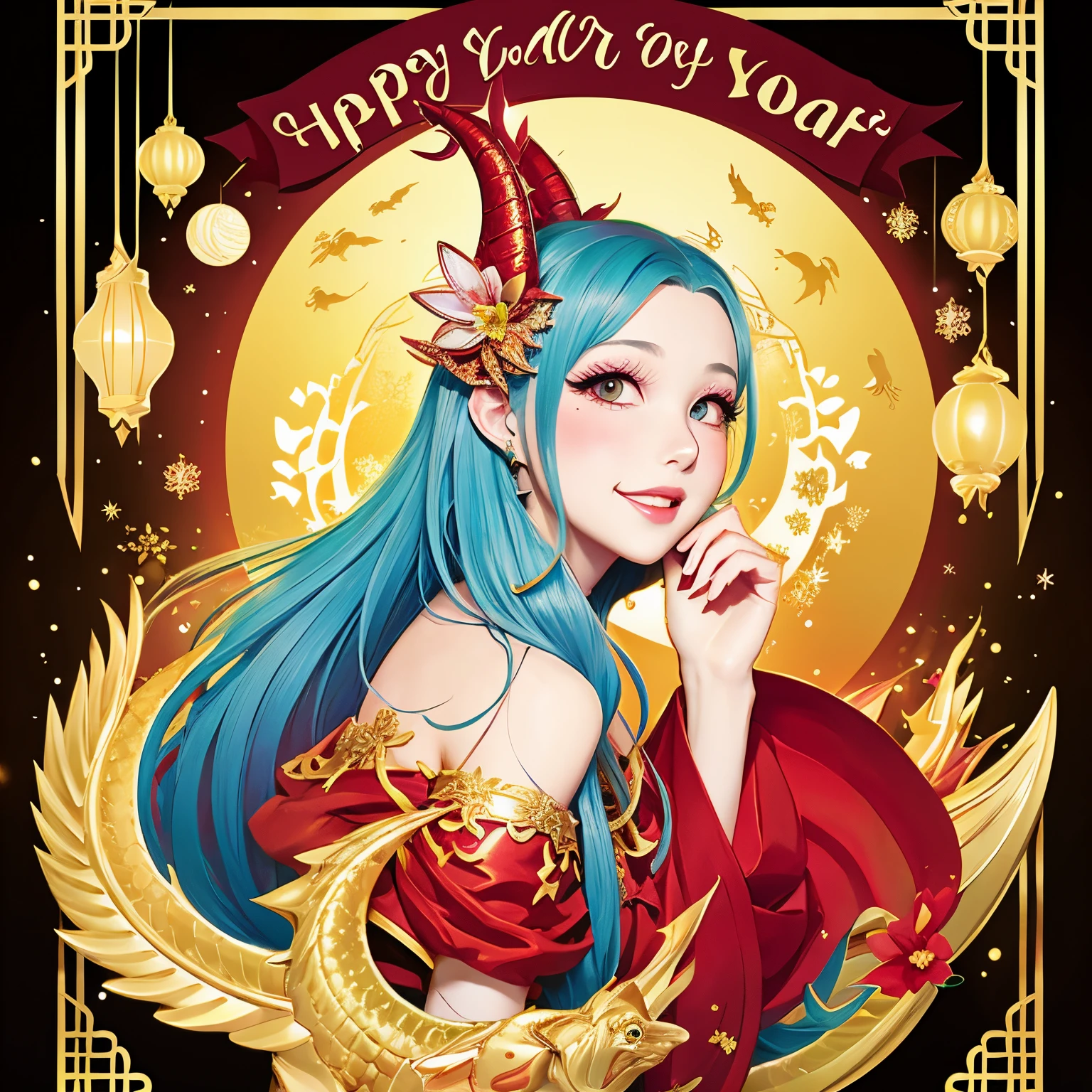 New Year's card illustratio Year of the dragon girl with