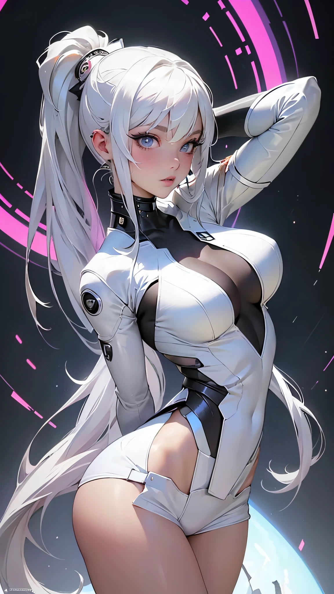 (masterpiece, top quality, best quality, official art, beautiful and aesthetic:1.2), Beautiful young girl looking at camera, ((fisheye photo)), perfect detailed face, cyberpunk blurry background, futuristic cyber soldier ???? outfit, ????????? detailed muscles realistic masterpiece ????????????????, hardnipples protruding, ?????, young ???? cyborg Lolita girl,shot from above, perfect legs, perfect arms perfect eyes, ((long white hair with 2 ponytails)),  huge eyes,