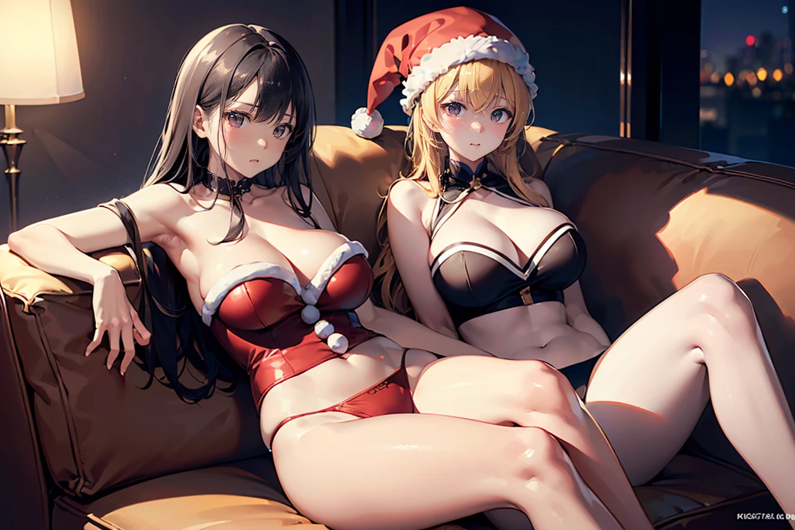 (top-quality,High resolution,(Ultra high definition,4K), (超A high resolution,in 8K),masutepiece:1.2), (Perfect Anatomy,Anatomically accurate), (Angle from above), (Soft lighting, 光线追踪), (((Sitting on a sofa in the lobby of a luxury hotel, legs wide open))), (Two cute high school girls), High-definition beauty face, (santa claus), Cute panties, ((Cosplay costumes)), (Crisp double eyelids), (fascinated expression),(Large breasts:1.3),(Soft skin), (Photorealistic), (Glowing skin), (colourful hair)