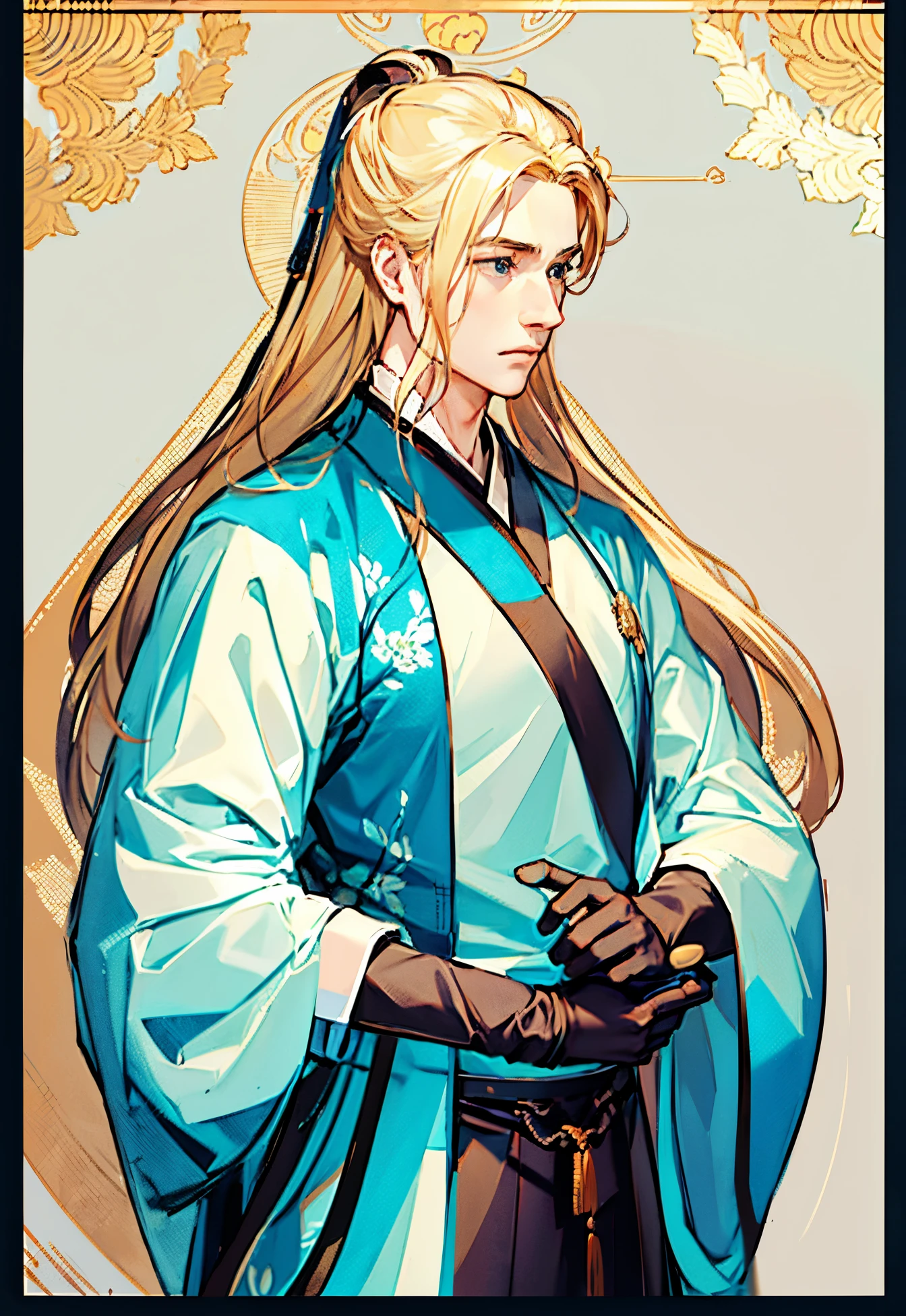 handsome young man, long blonde hair, serious expression, smart, LONG black gloves,blue and white male hanfu, ancient china, flat background, chinese background, simple background, masterpiece,masterpiece,best quality