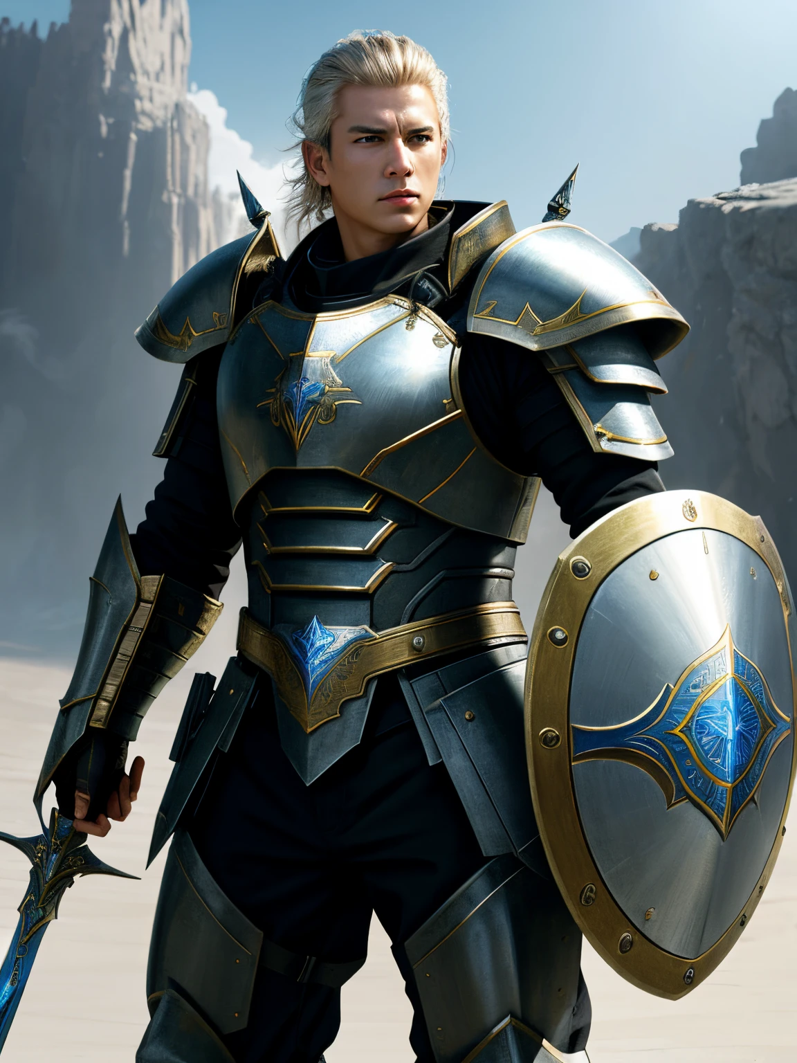 "(best quality,highres,masterpiece:1.2),ultra-detailed,realistic,professional,well-armored warrior class,large shield,spear in hand,vivid colors,sharp focus,studio lighting"