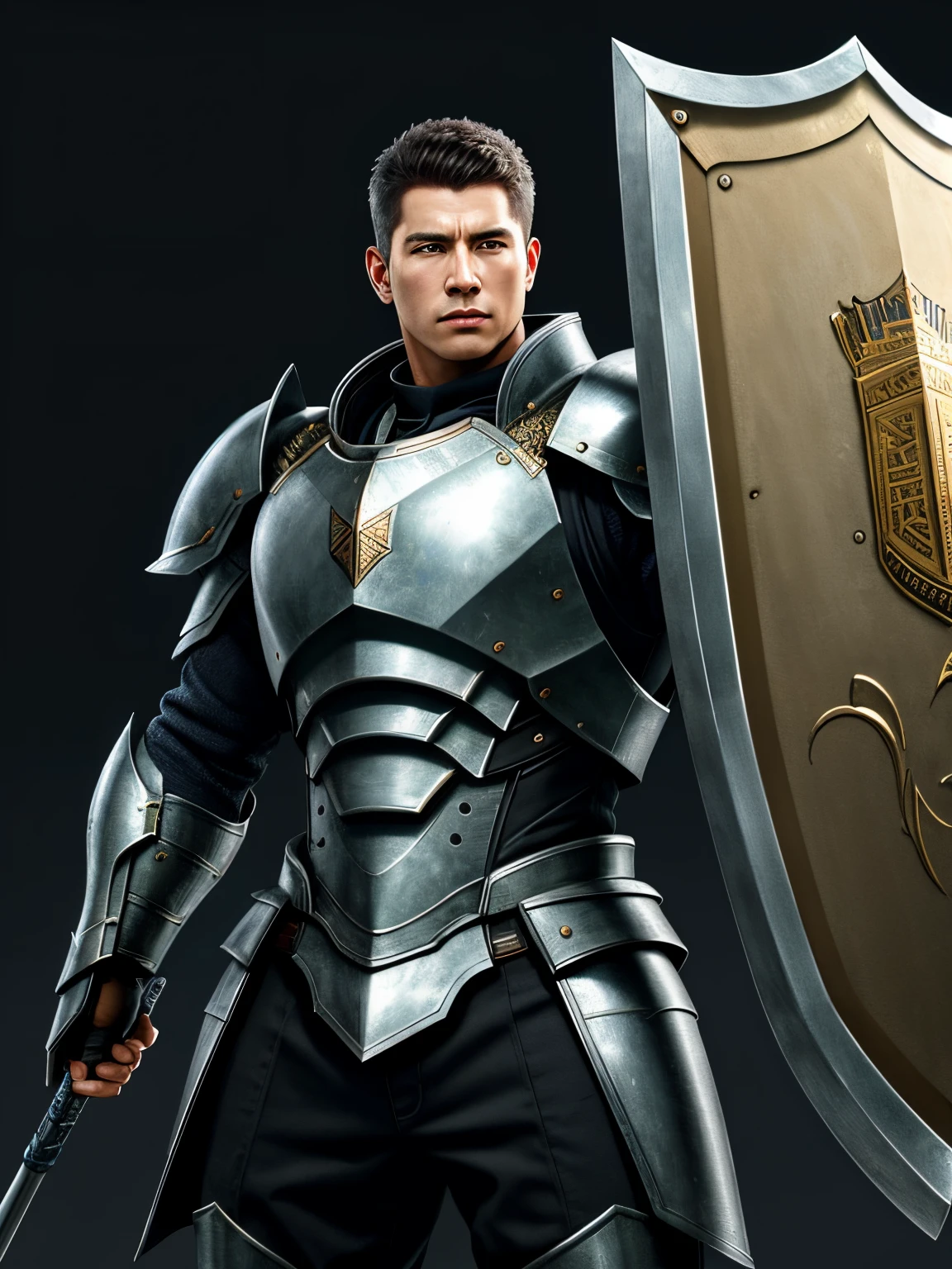 "(best quality,highres,masterpiece:1.2),ultra-detailed,realistic,professional,well-armored warrior class,large shield,spear in hand,vivid colors,sharp focus,studio lighting"