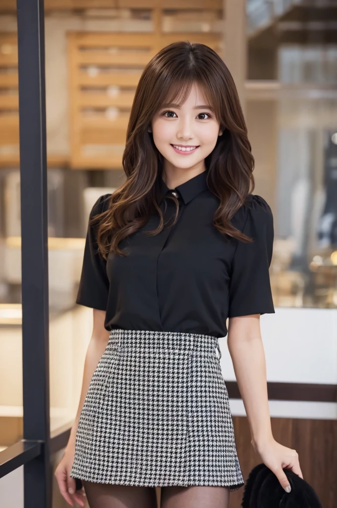 The cutest girl who works as a labia idol、with shiny brown hair、in a black blouse、The houndstooth miniskirt and black tights are enchanting.。She's full of confidence々Smiled at.、Facing the camera in a professional pose。her fashion and expressions、A perfect balance between cuteness and elegance、It draws the viewer in and doesn't let go.。Through this scene、Express her charm to the fullest。"