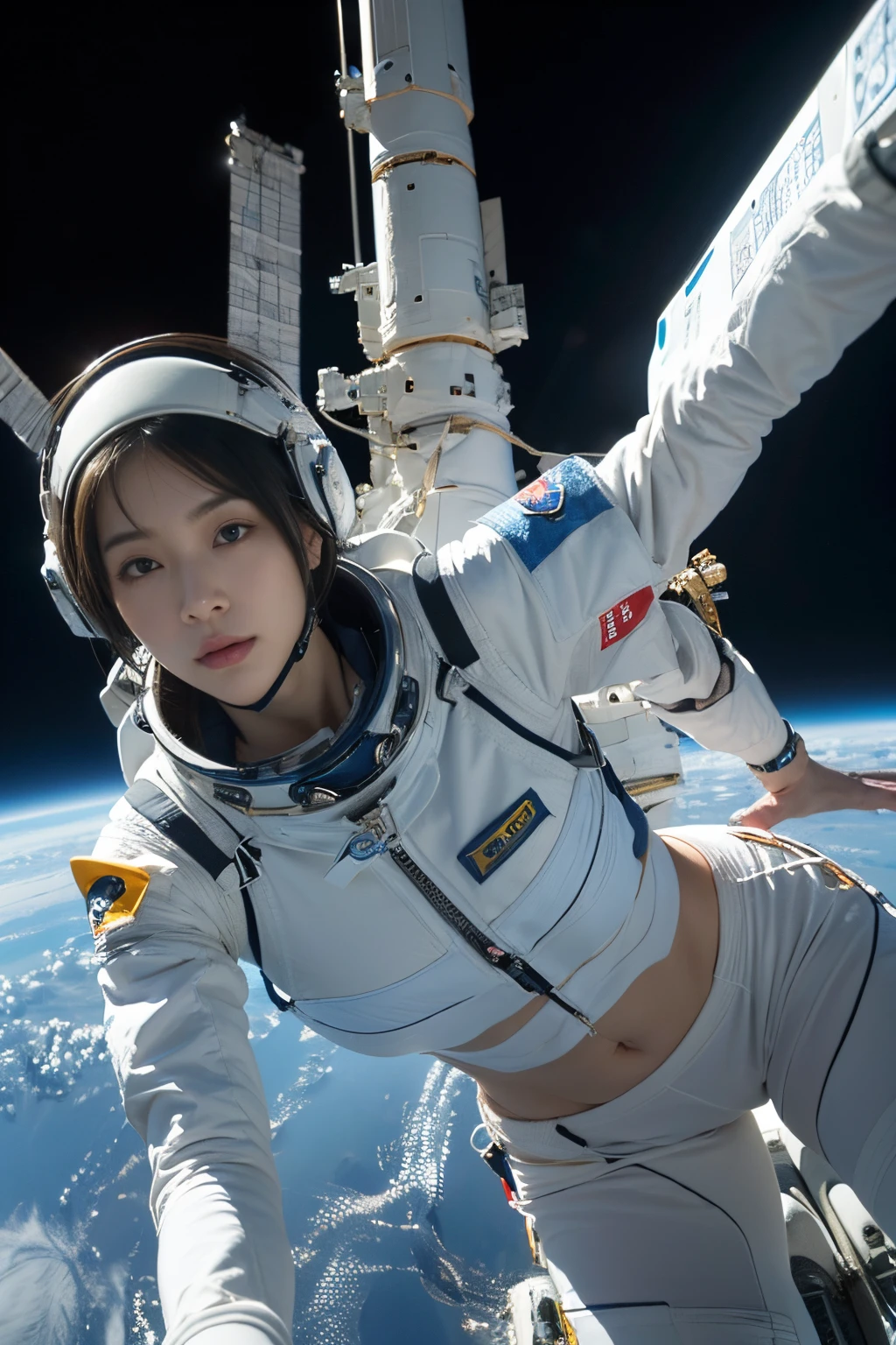 ((Best Quality)), ((masutepiece)), (Detailed), Perfect face，Emphasize your body line in zero gravity on the space station、Camel claws