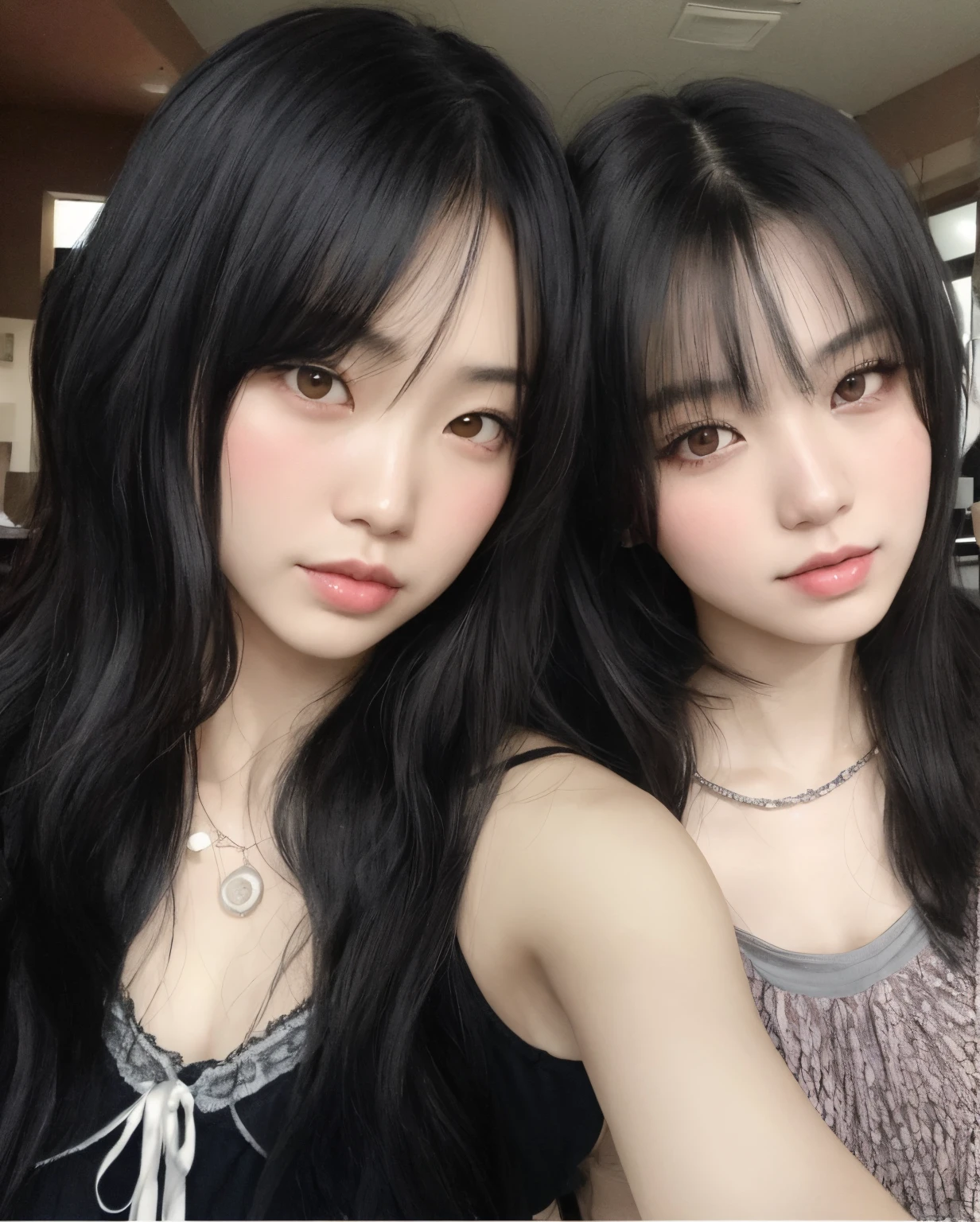 Two Asian women with long black hair posing for a photo, Ulzzang, Ayami Kojima e Lyde Caldwell, Yoshitomo Nara e Aya Takano, com preto, Ela tem cabelo preto com franja, Sui Ishida com cabelo preto, Shikami, preto hime corte cabelo, Sakimichan, Nixeu e Sakimichan