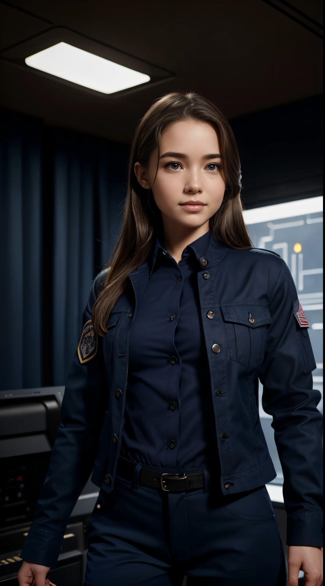 Foto hiperrealista en primer plano de Willa Fitzgerald, masterpiece, best quality, (photorealistic:1.4), full body, (navy blue button-up shirt:1.2), (navy blue jacket:1.2), (navy blue tactical pants:1.2), Black knee high boots, in a spaceship room from a Star Wars movie, beautiful woman, skinny, small breasts, straight brown hair, detailed face, smile, photo taken from a distance, age 25 tears old