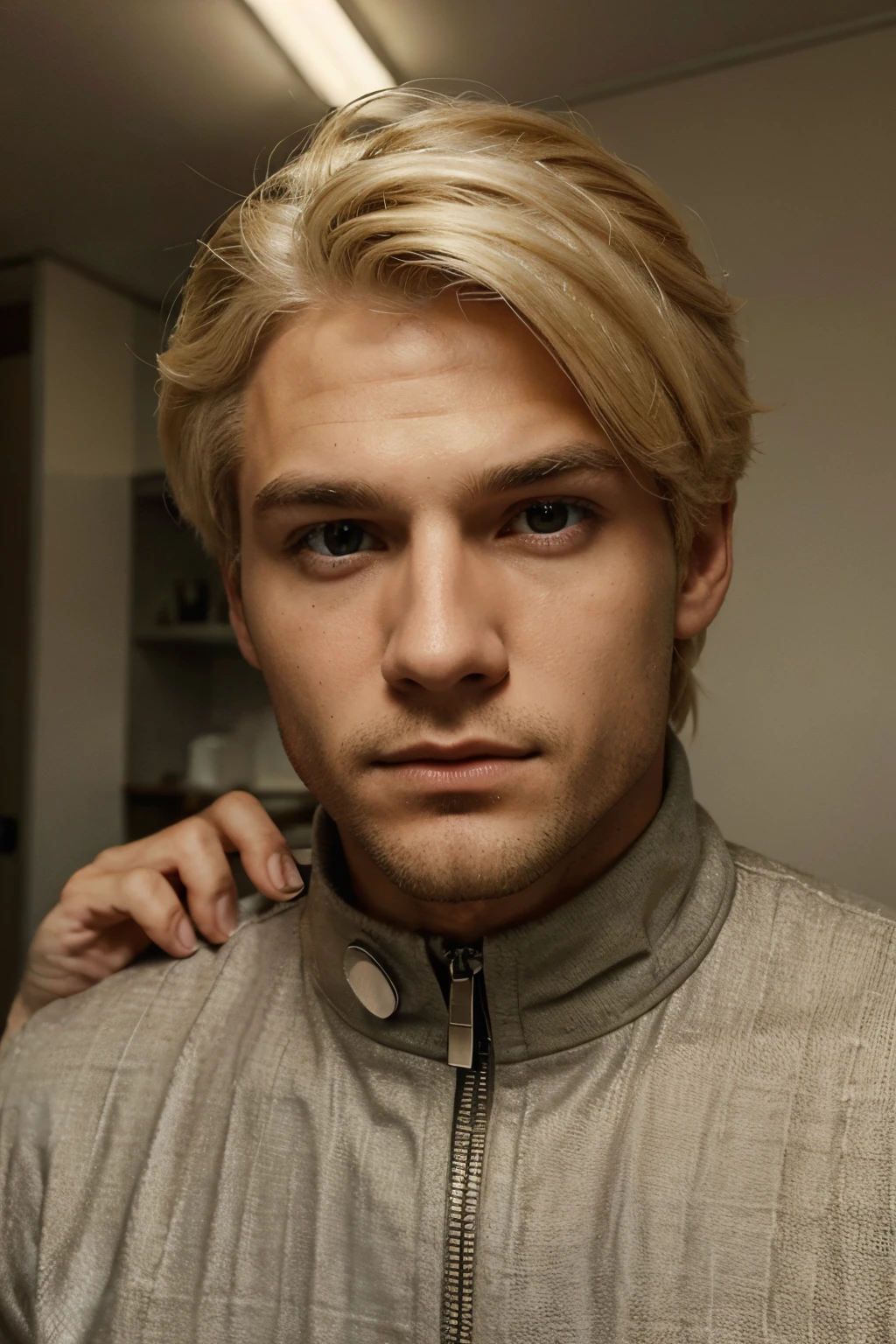 Crie um personagem masculino. he's blond, com os cabelos acima dos ombros, tem olhos azuis e usa um tapa olho no lado direito. He has a serious look, with a cold expression.