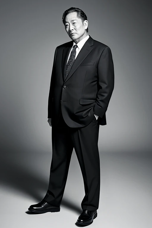 Japanese man in his 50s wearing a suit,Fat,lethargy,standing absentmindedly,full body black and white portrait